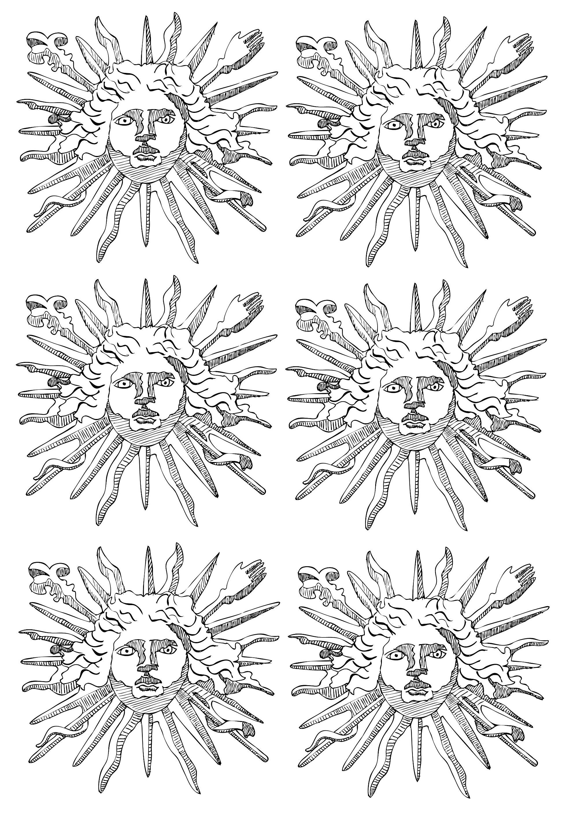 L'emblème de Louis XIV, le Roi Soleil (6 motifs répétés)