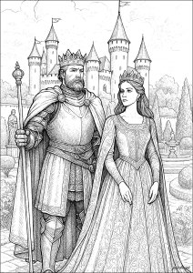 Monarques devant leur château (Coloriage de Rois et Reines)