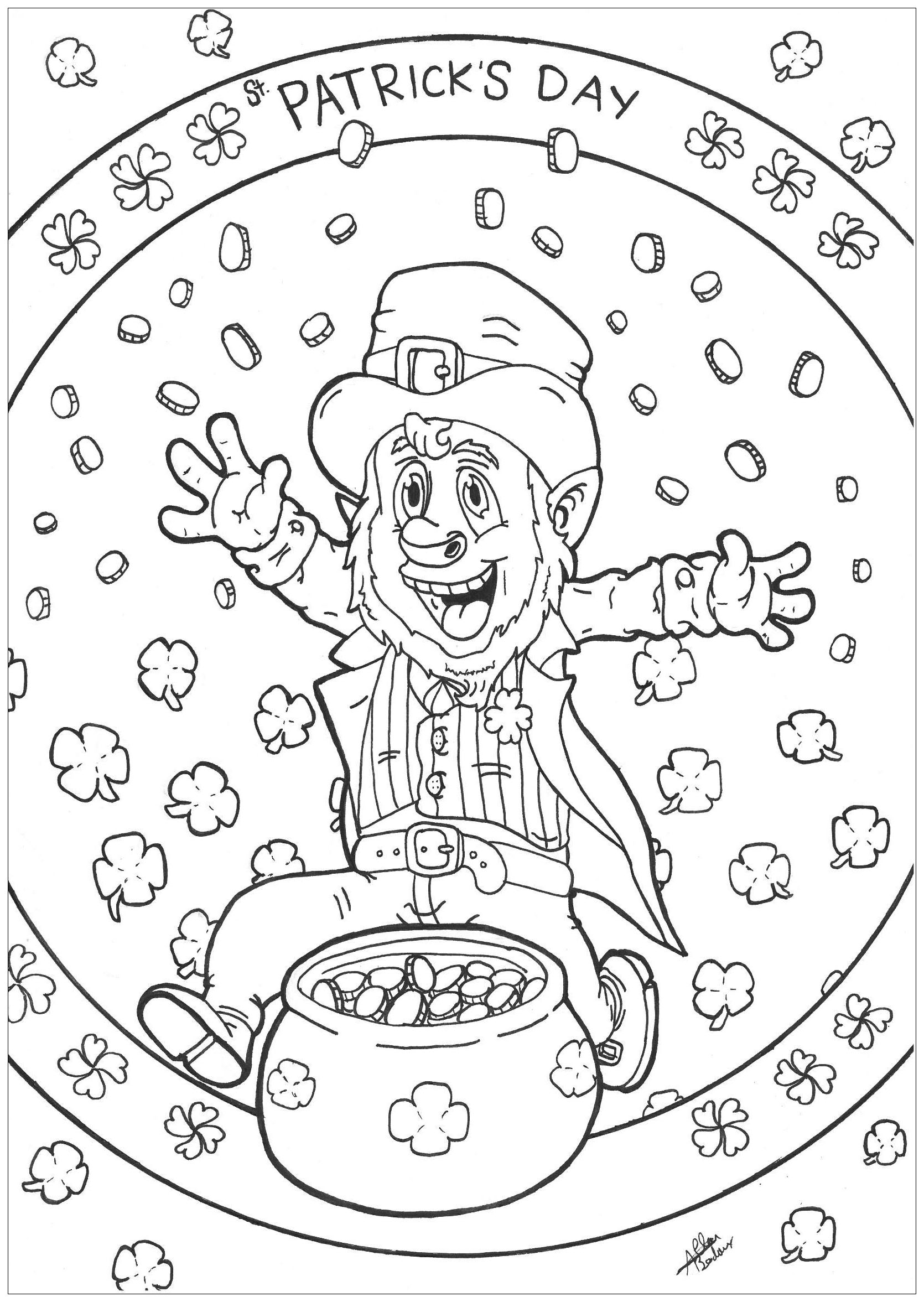 Coloriage d'un Leprechaun célébrant la Saint Patrick avec son chaudron rempli de pièces d'or, Artiste : Allan