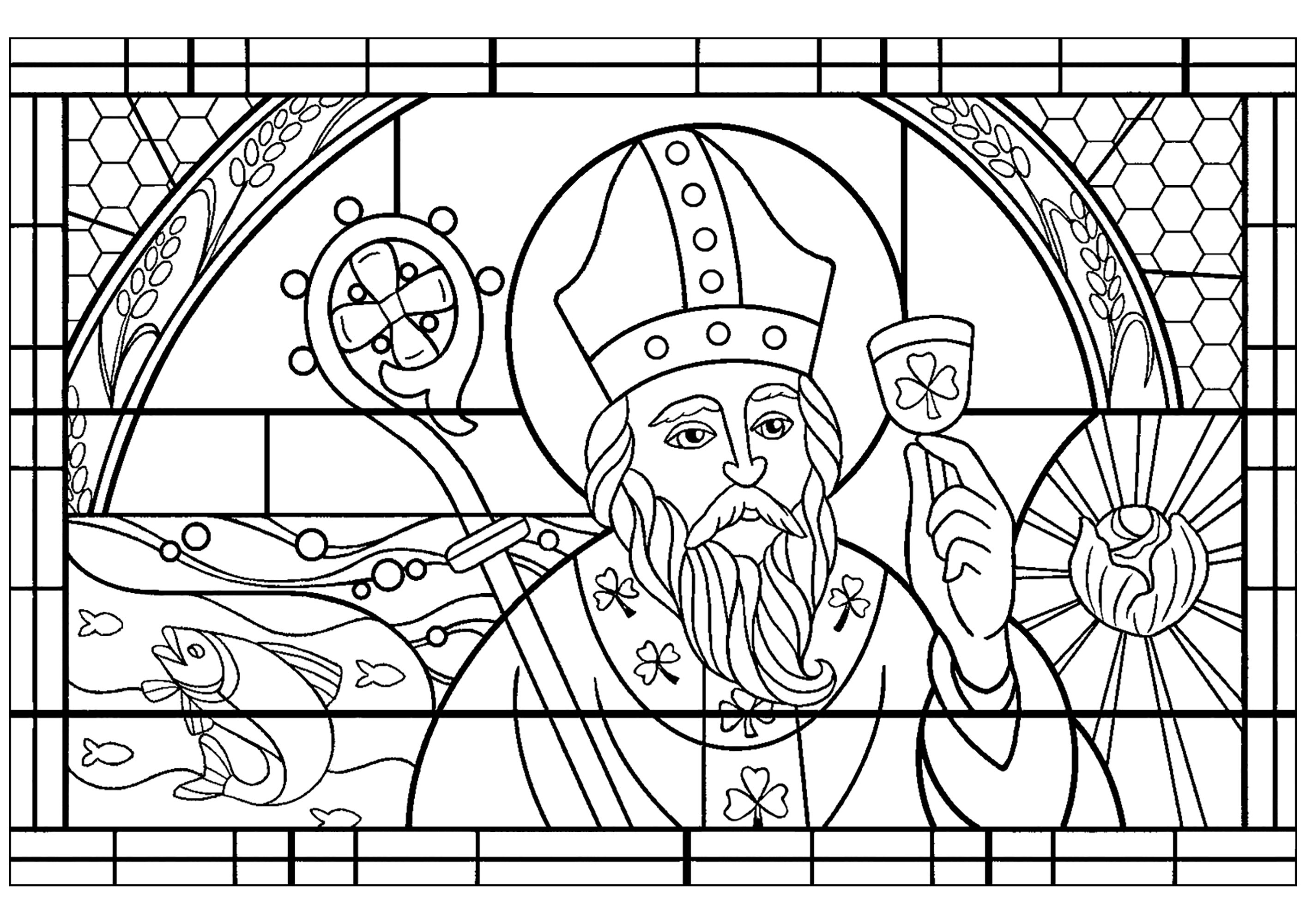 Coloriage spécial Saint Patrick, style vitrail.  (à partir d'une illustration du site npr.org), Artiste : Art'Isabelle