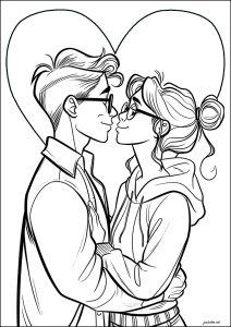 Coloriage de Saint Valentin à imprimer pour adultes : Jeunes amoureux avec coeur en arrière-plan
