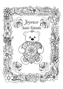 Coloriage de à imprimer pour adultes : Petit ours pour la Saint Valentin