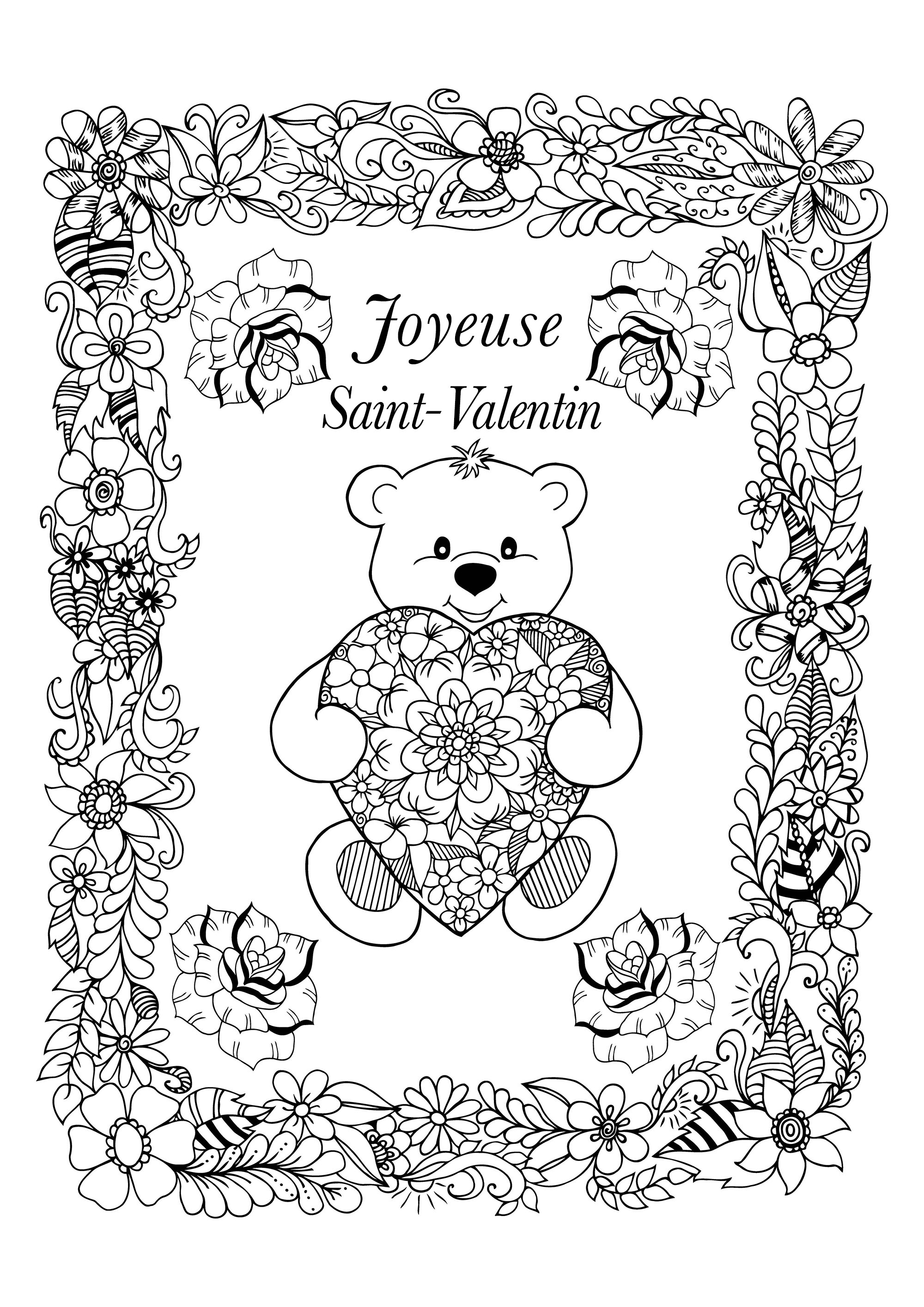 Jolie carte de Saint Valentin à colorier, avec un ours mignon portant un coeur à jolis motifs, et un joli encadrement plein de fleurs, Artiste : Maritel67   Source : 123rf