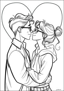 Jeunes amoureux avec coeur en arrière-plan (Coloriage de Saint Valentin)