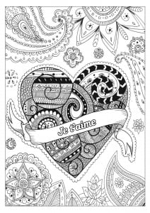 Coloriage spécial Saint Valentin - Gros coeur & fleurs