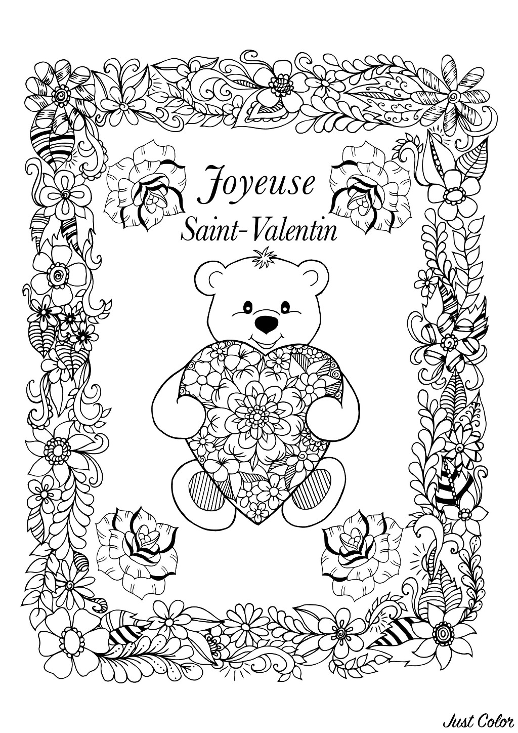 Jolie carte de Saint Valentin à colorier, avec un ours mignon portant un coeur à jolis motifs, et un joli encadrement plein de fleurs
