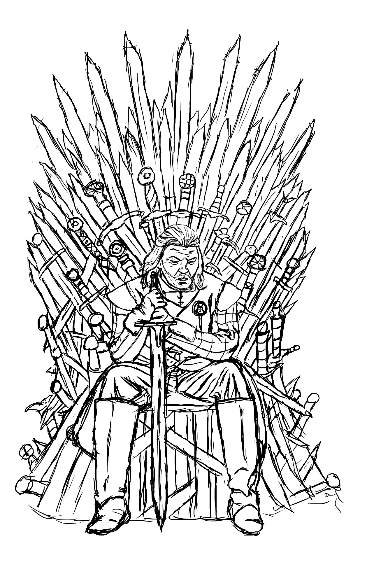 Coloriage complexe de Ned Starck de Game of Thrones, assis sur le trône de fer