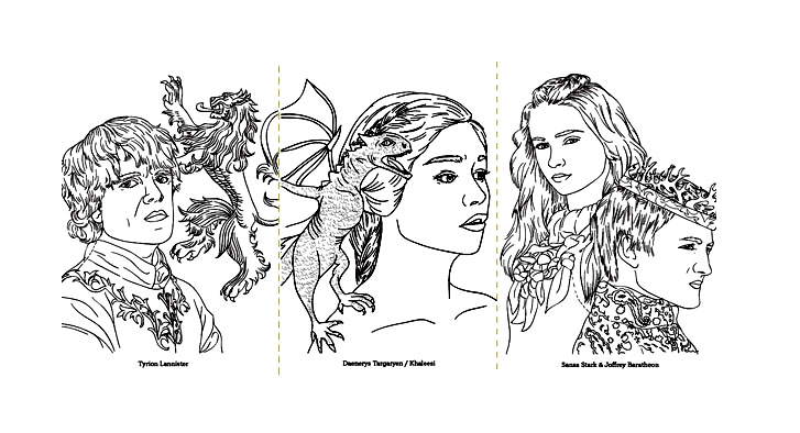 Plusieurs personnages emblématiques de la série Game of Thrones : Tyrion Lannister, Daenerys Targaryen, ,Sensa Starck et Joffrey Baratheon