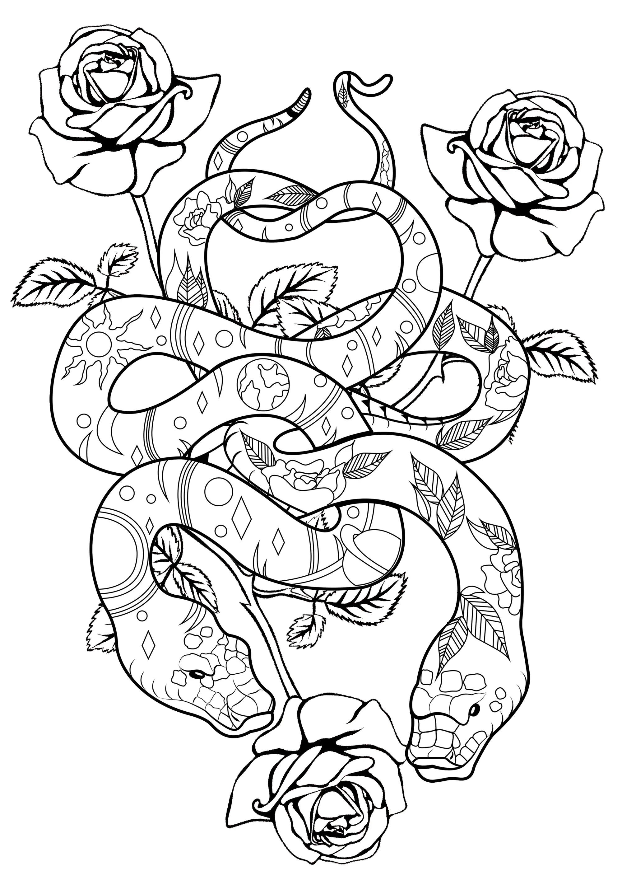 Serpents et roses (Coloriage à imprimer pour adultes)