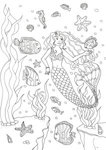 Coloriage de à imprimer pour adultes : Sirene-et-poissons