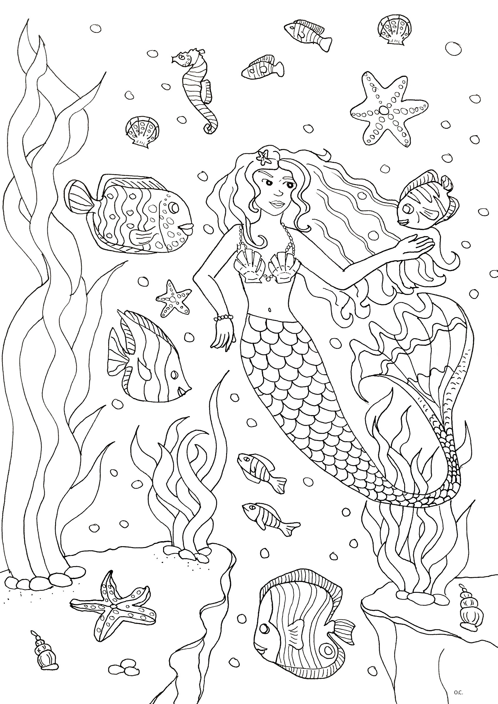 Dessin à imprimer et colorier d'une jolie sirène et ses amis poissons, Artiste : Olivier