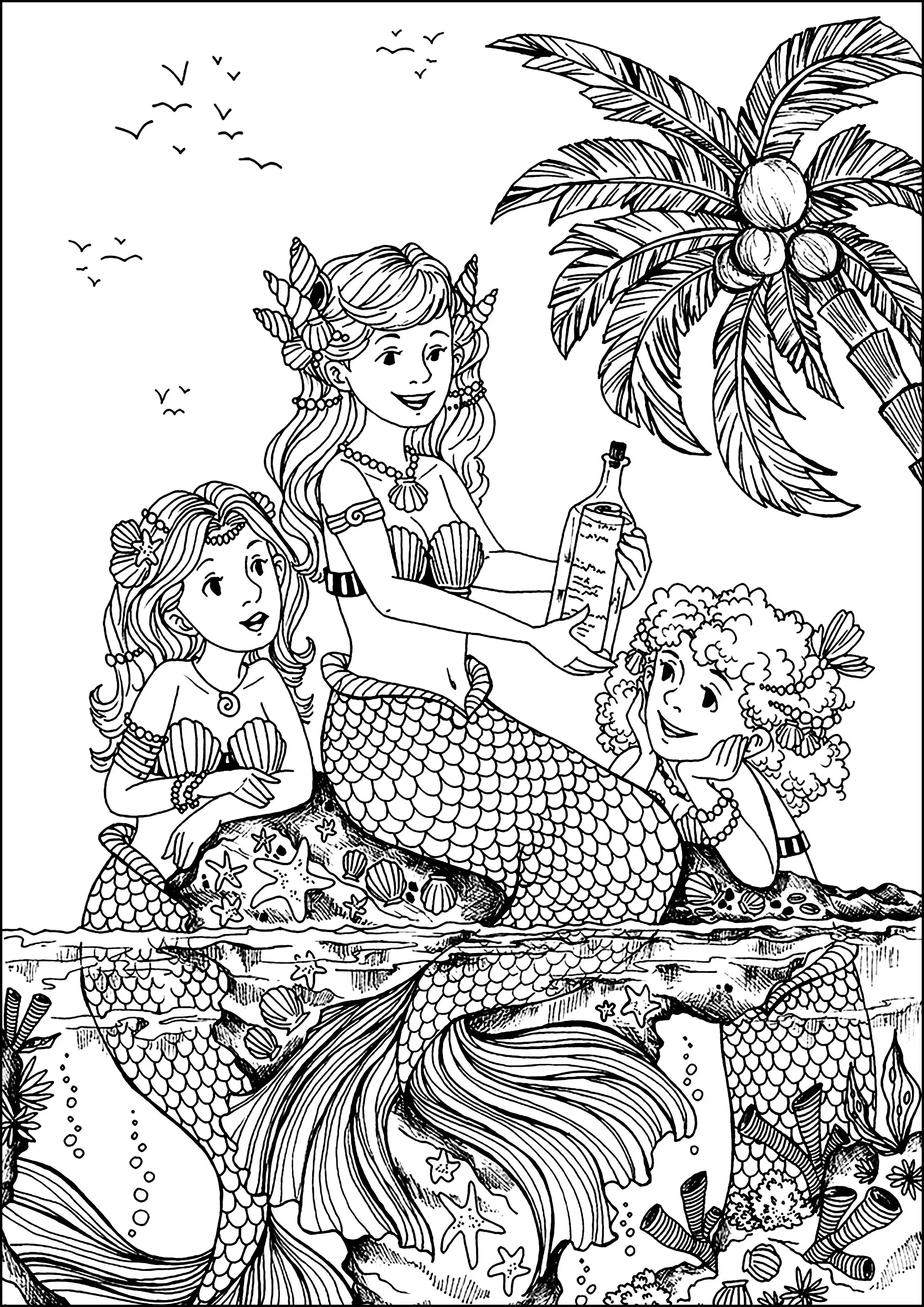 Trois amies sirènes (Coloriage à imprimer pour adultes)