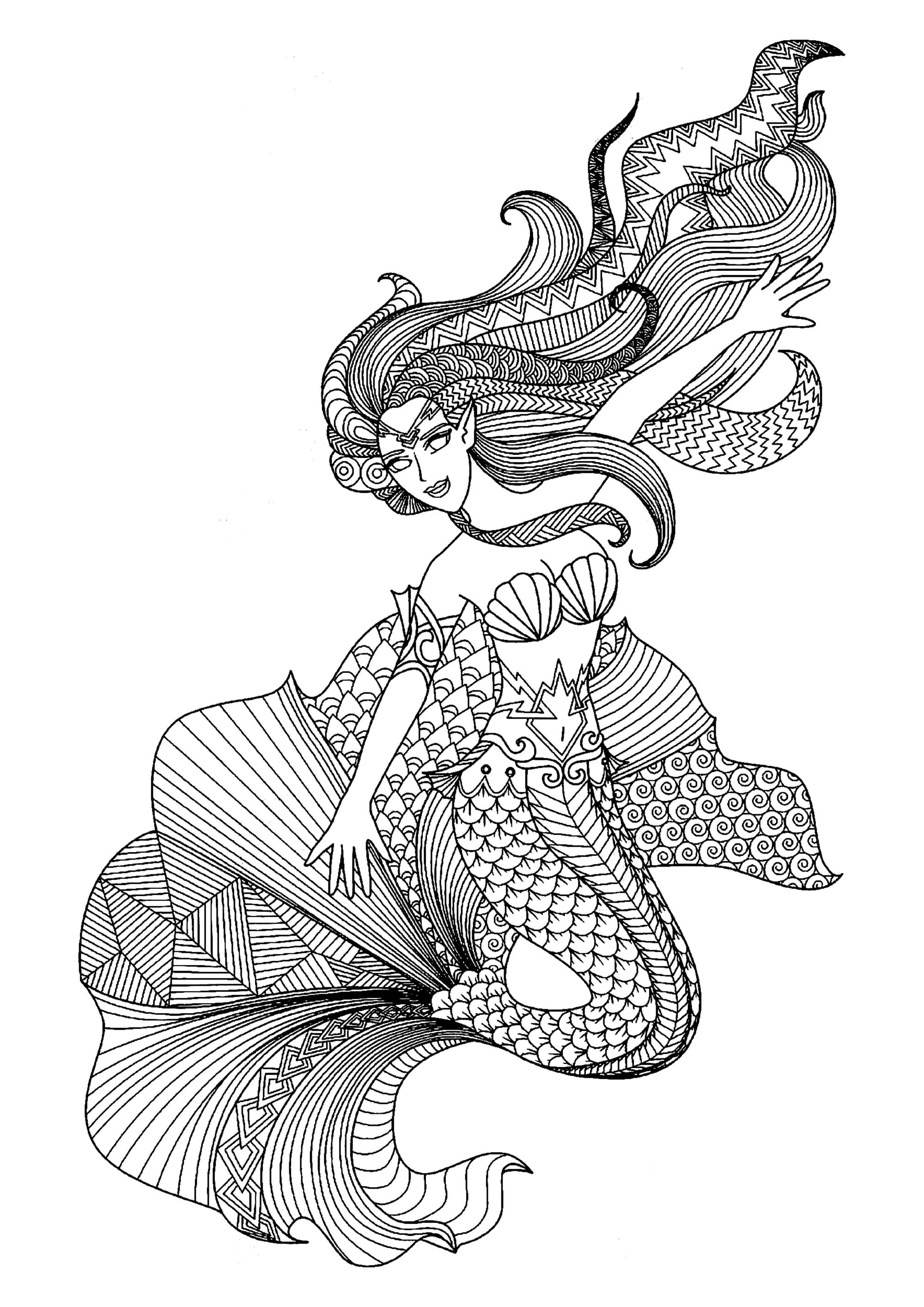 Elégante sirène (Coloriage à imprimer pour adultes)
