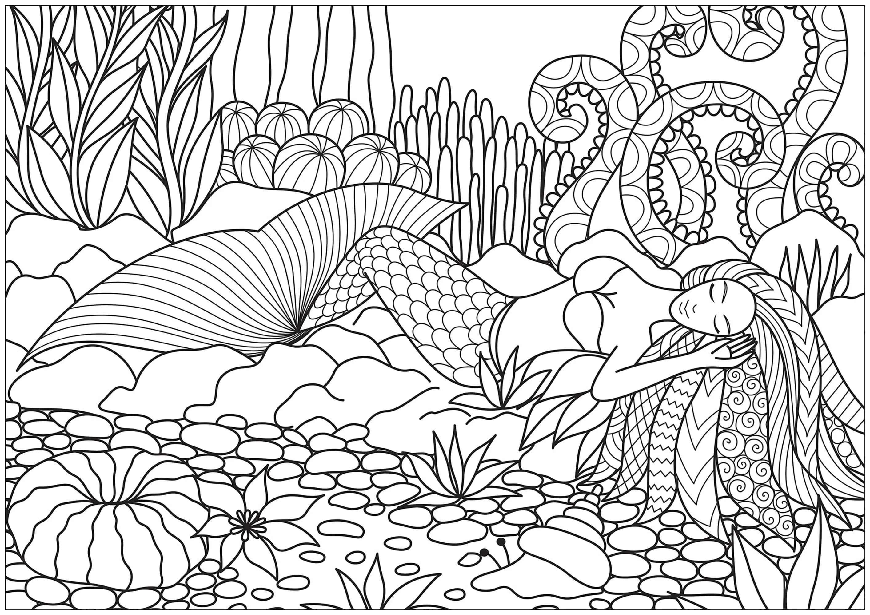 Sirène endormie (Coloriage à imprimer pour adultes)