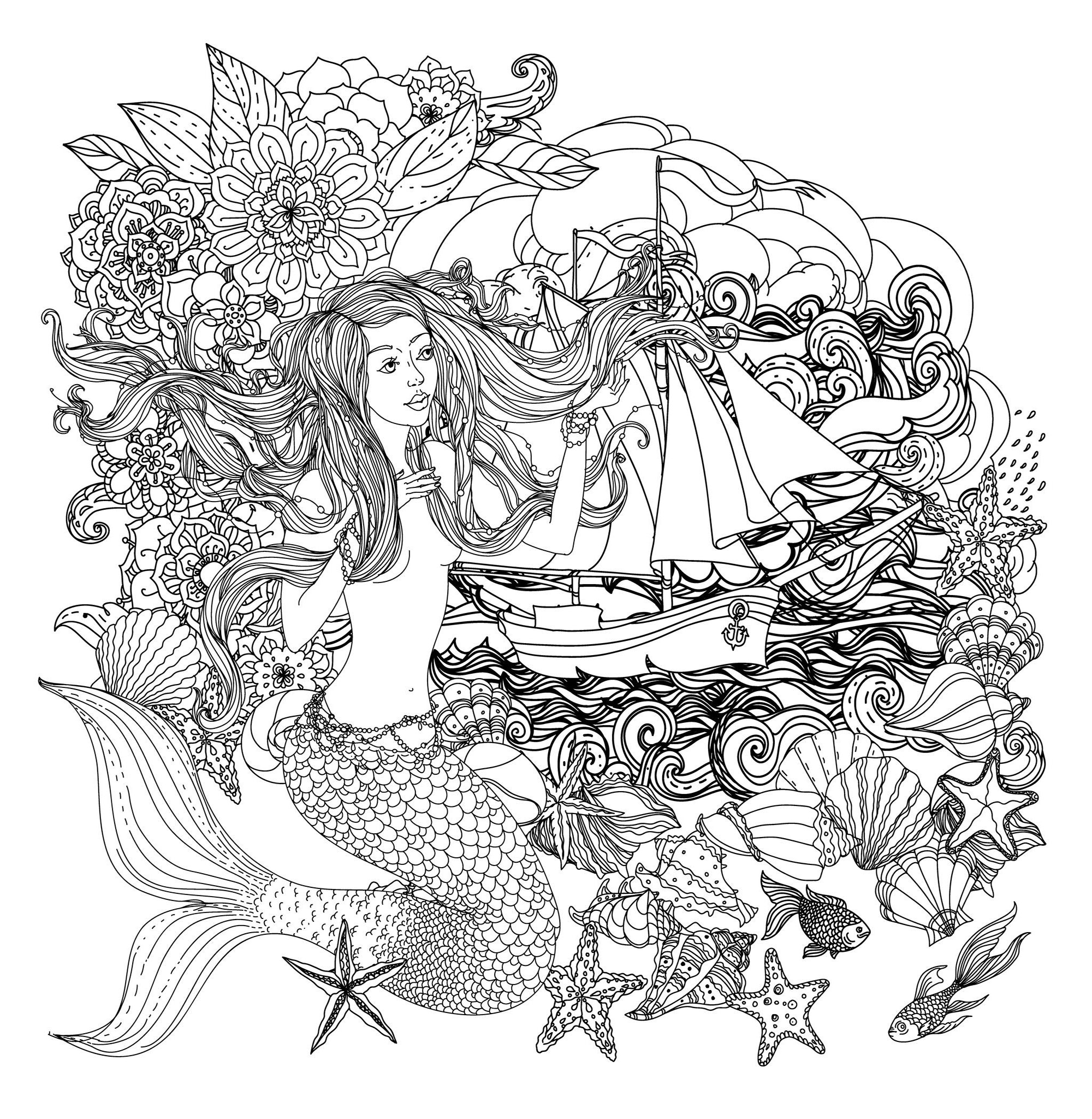 Sirène et bateau, et nombreux éléments marins à colorier, Source : 123rf   Artiste : Mashabr