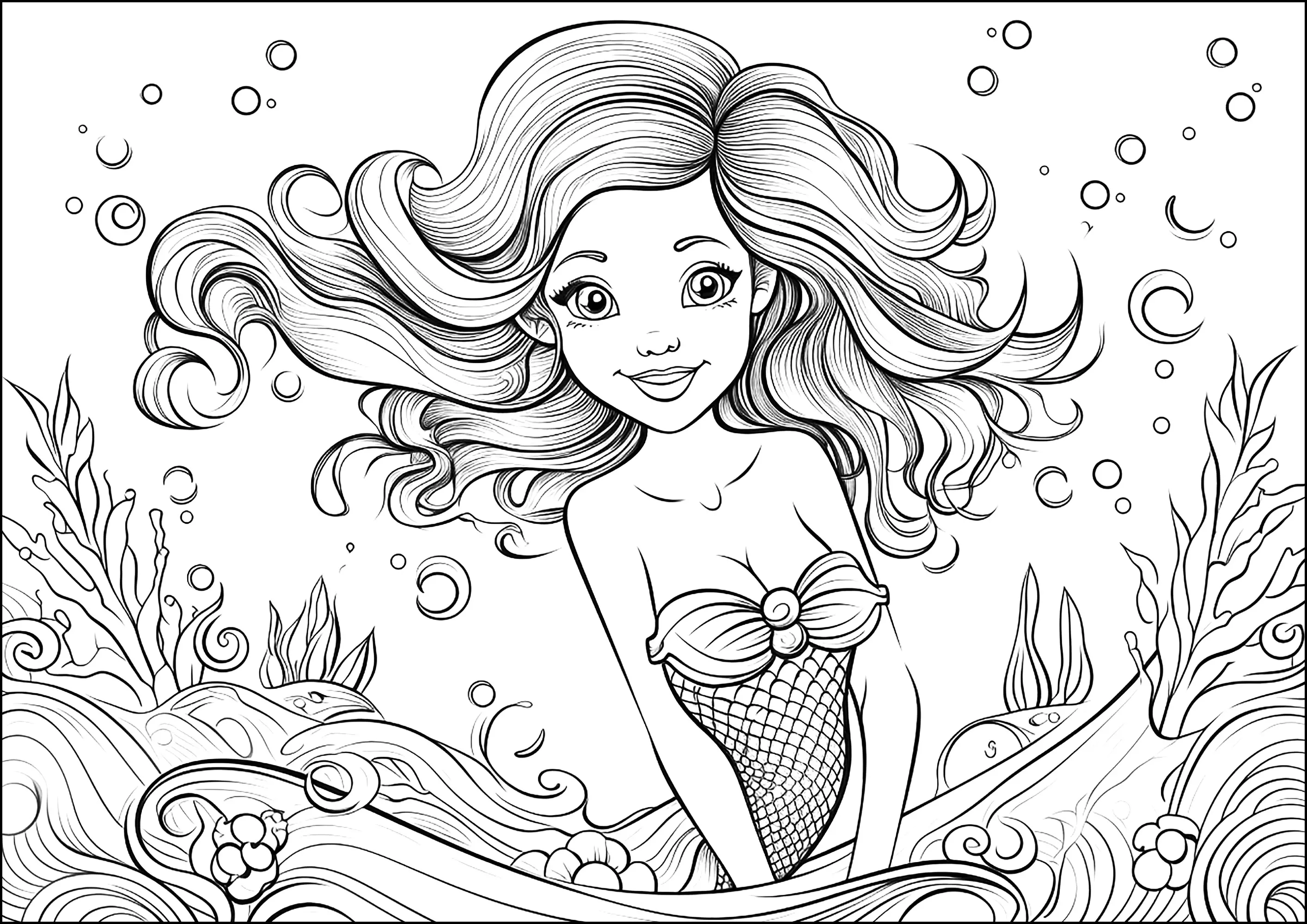 Sirène joyeuse et jolis détails aquatiques (Coloriage à imprimer pour adultes)