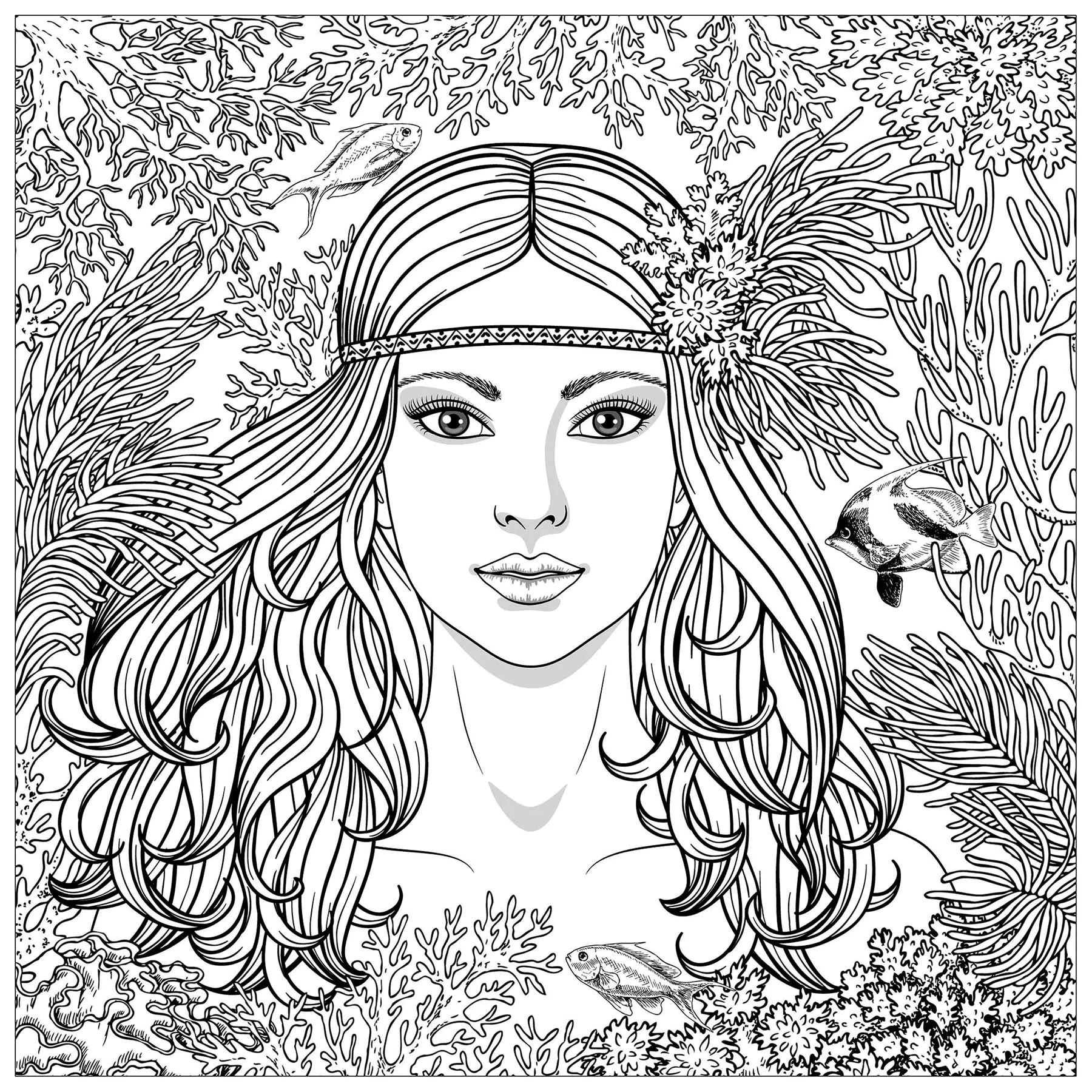 Sirene potrait (Coloriage à imprimer pour adultes)