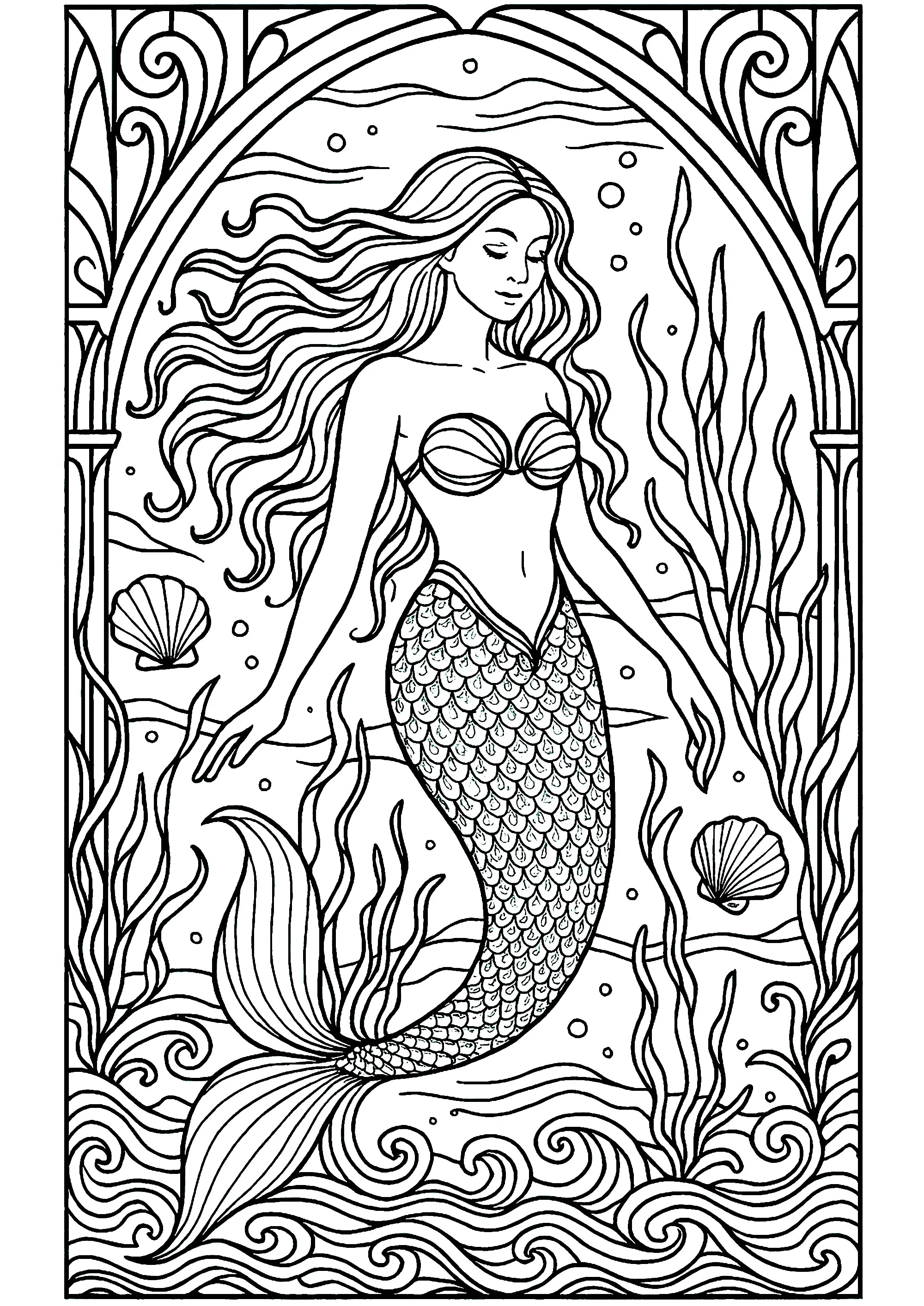 Dessin complexe représentant une belle sirène (Coloriage à imprimer pour adultes)