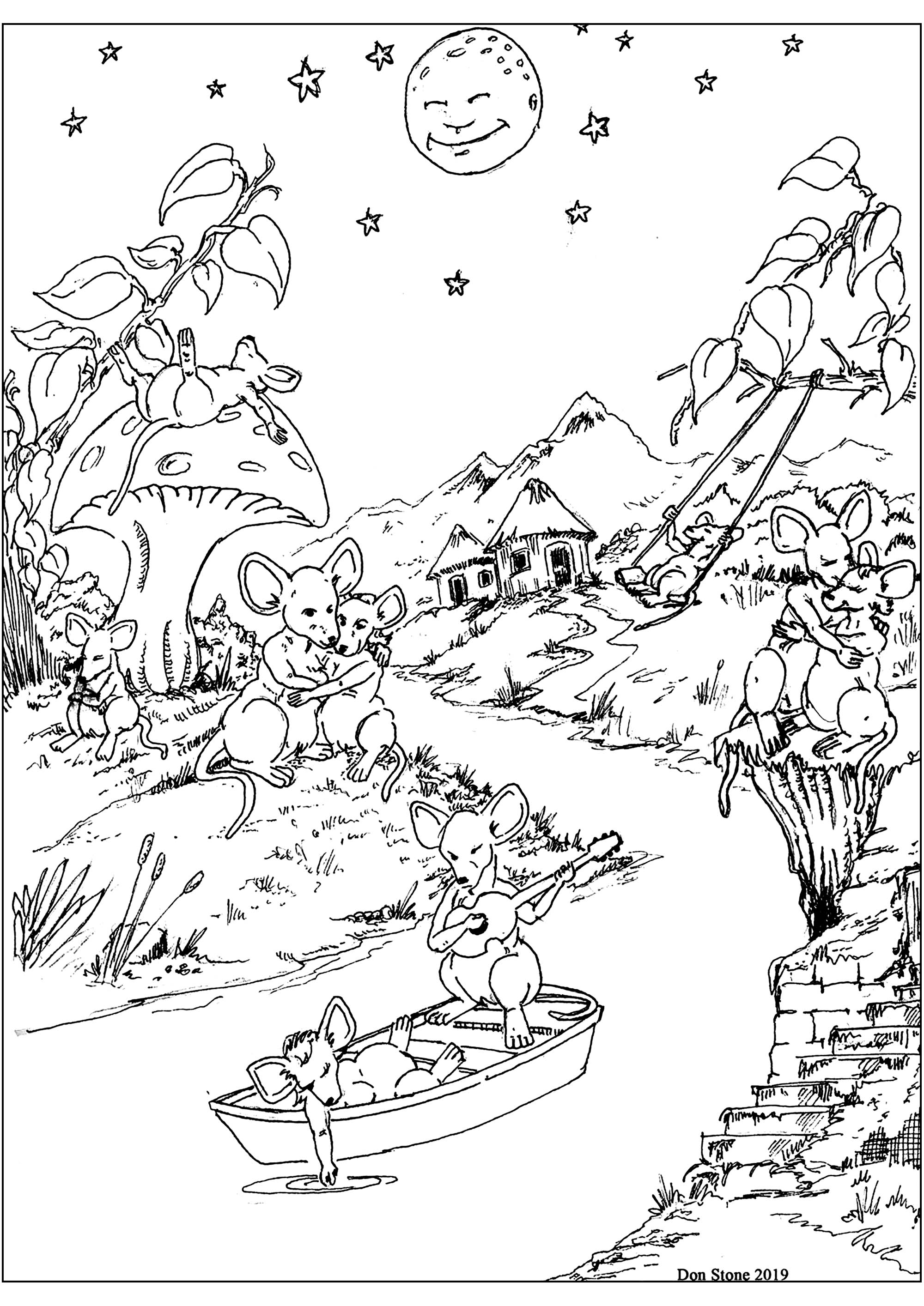 Dessin original représentant une jolie rivière au clair de lune avec des souris dans un bateau, sur les berges, et sur un champignon