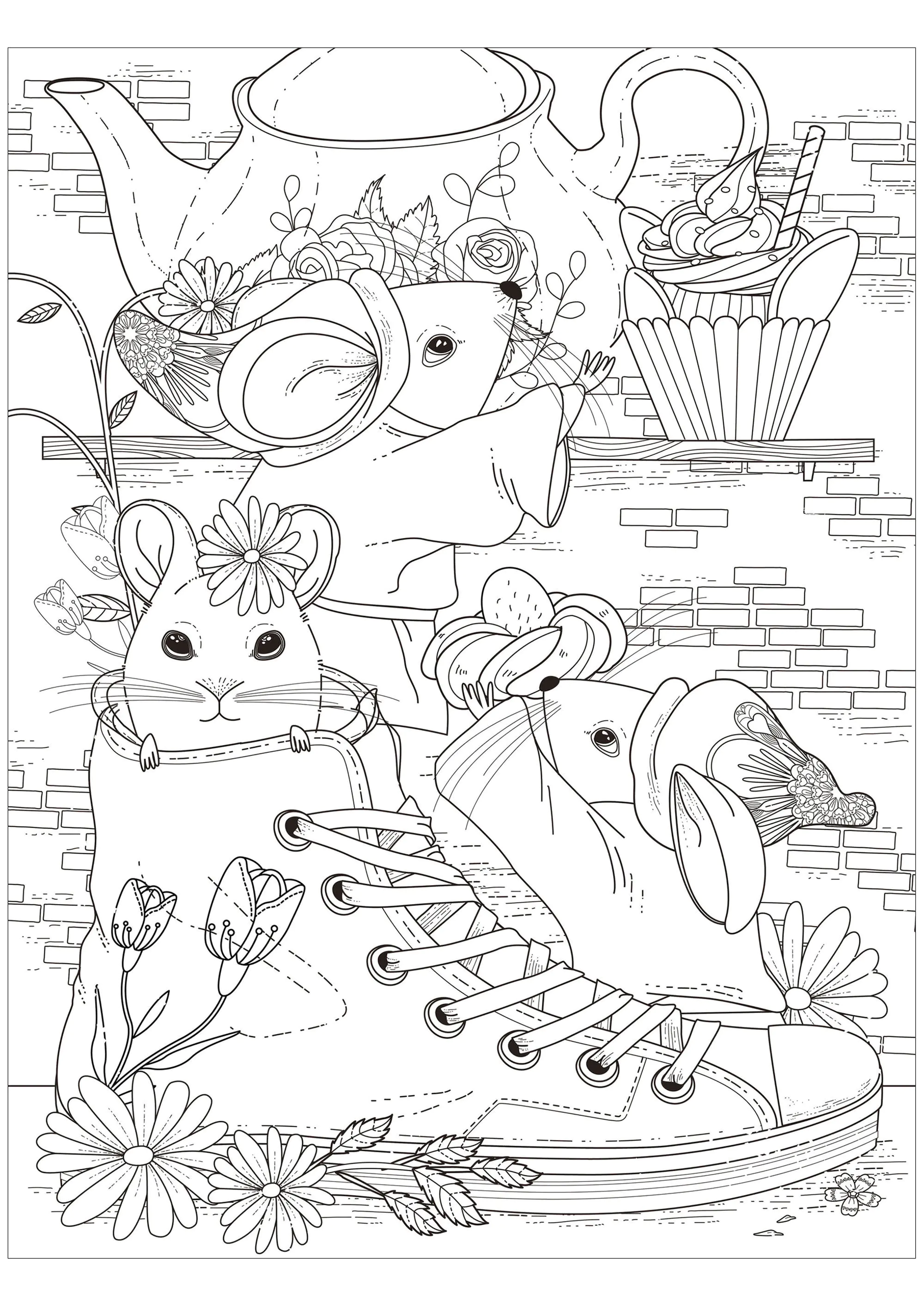 Le goûter des trois souris (Coloriage à imprimer pour adultes)