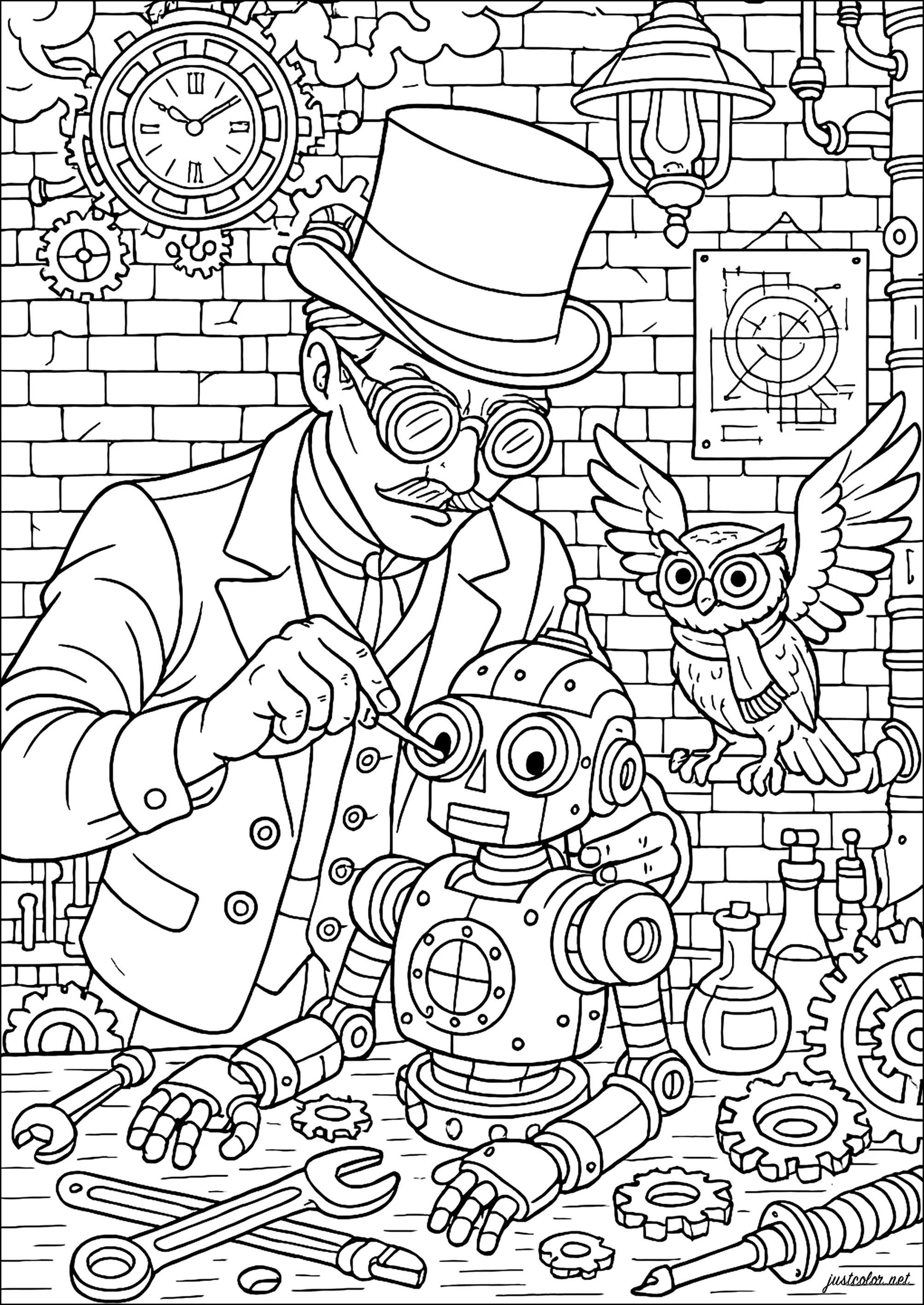 L'Atelier de l'Inventeur de robots (Coloriage de Steampunk à imprimer pour adultes)