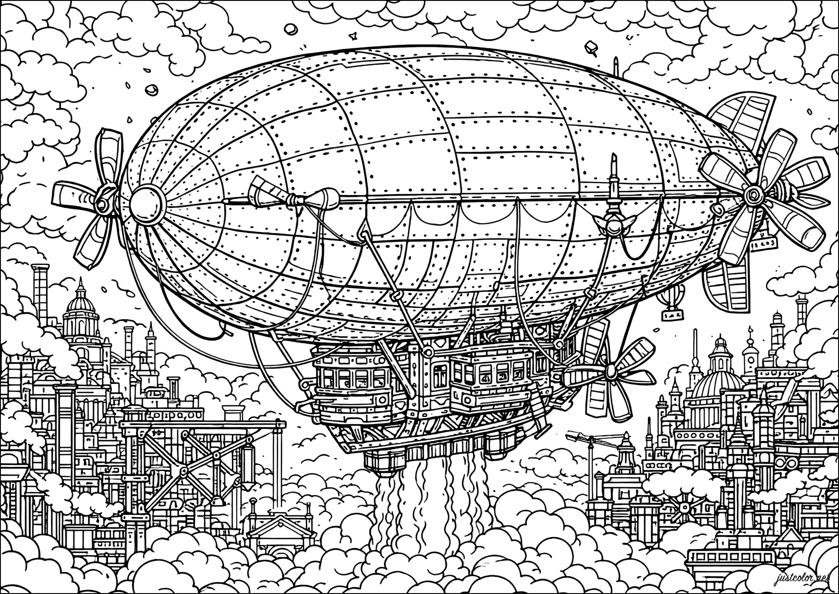 Vaisseau Fantastique au-dessus des Nuages (Coloriage de Steampunk à imprimer pour adultes)
