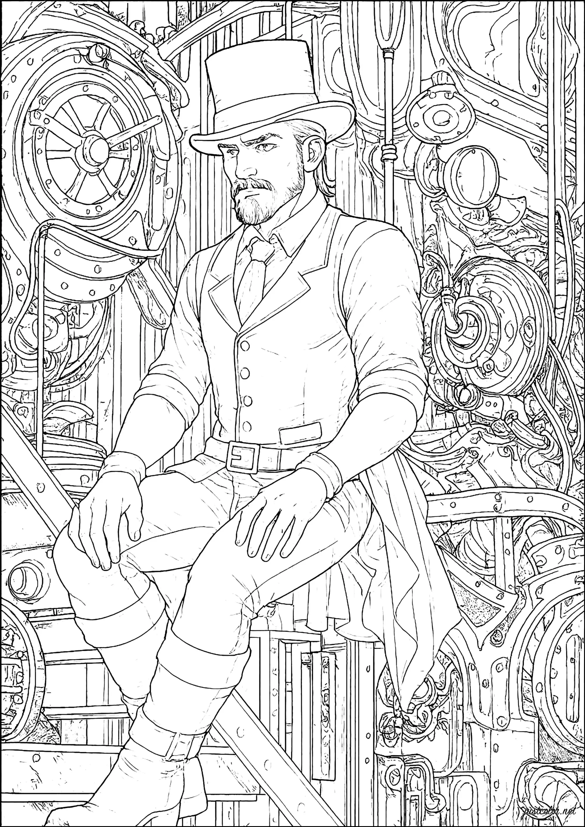Ingénieur intriguant dans un monde mécanique (Coloriage de Steampunk à imprimer pour adultes)