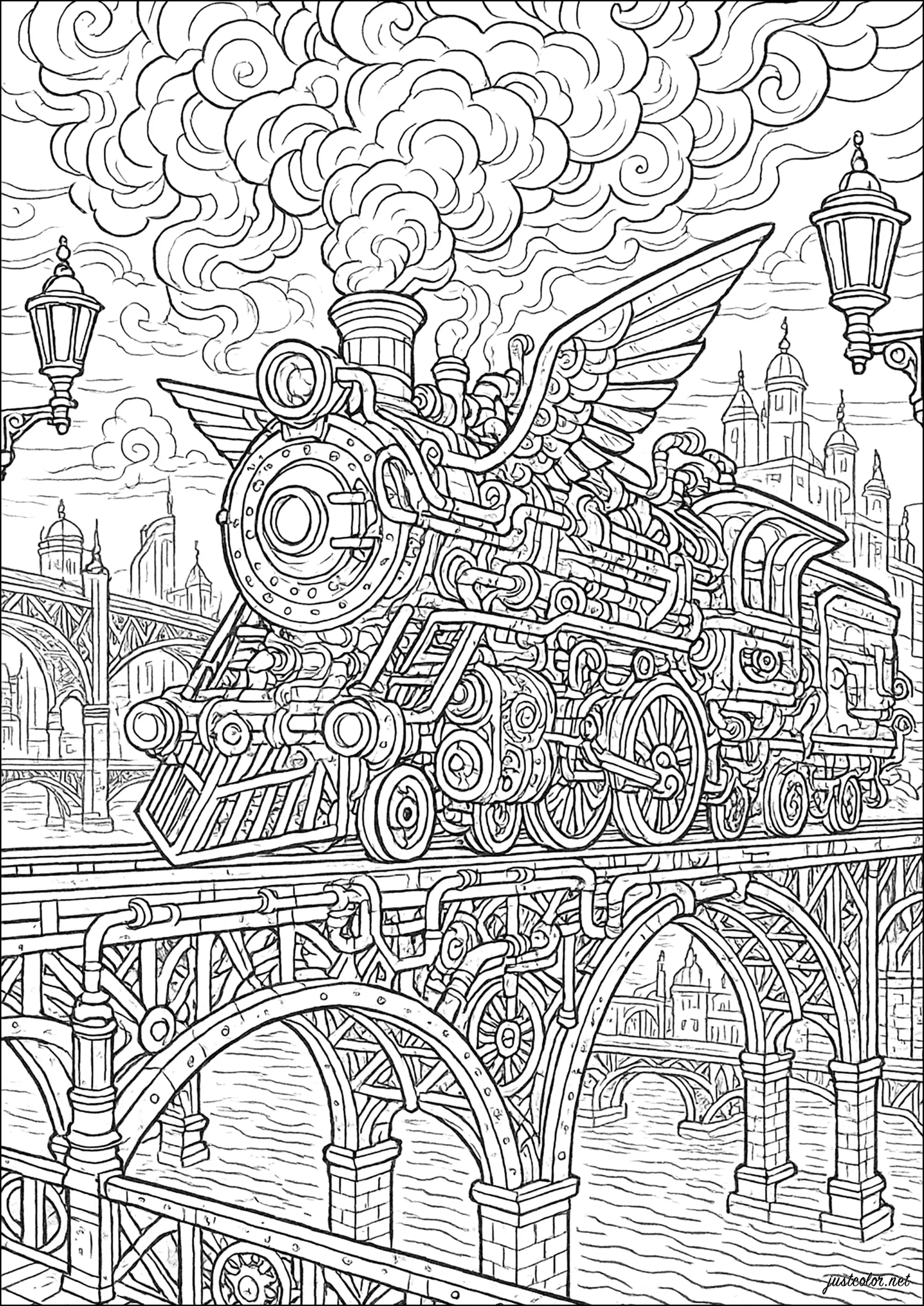 Locomotive Ailée sur Pont Majestueux (Coloriage de Steampunk à imprimer pour adultes)
