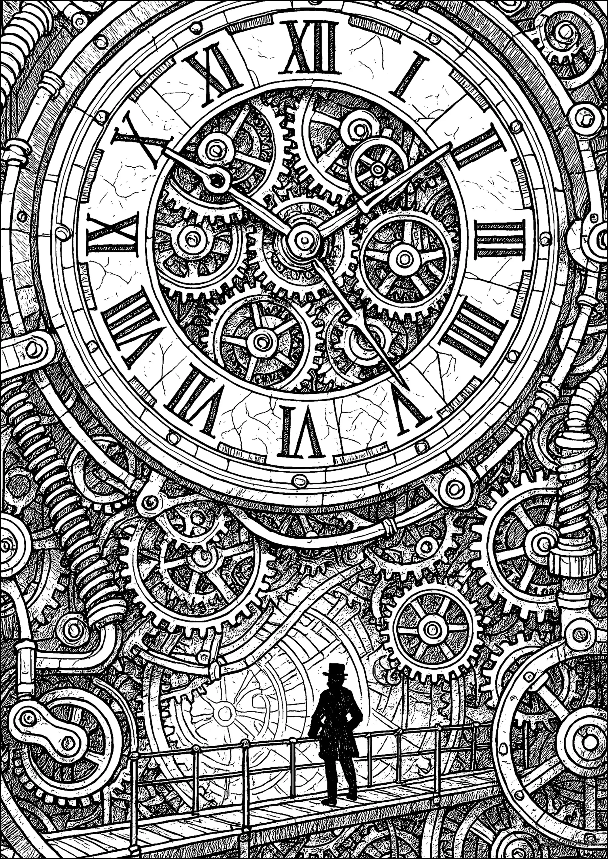 Mystérieux mécanismes du temps victorien (Coloriage de Steampunk à imprimer pour adultes)