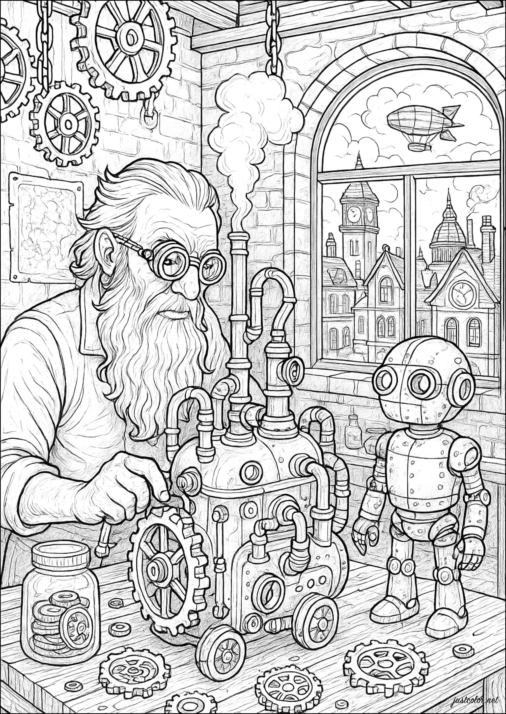 L'Atelier Mécanique de l'Inventeur (Coloriage de Steampunk à imprimer pour adultes)