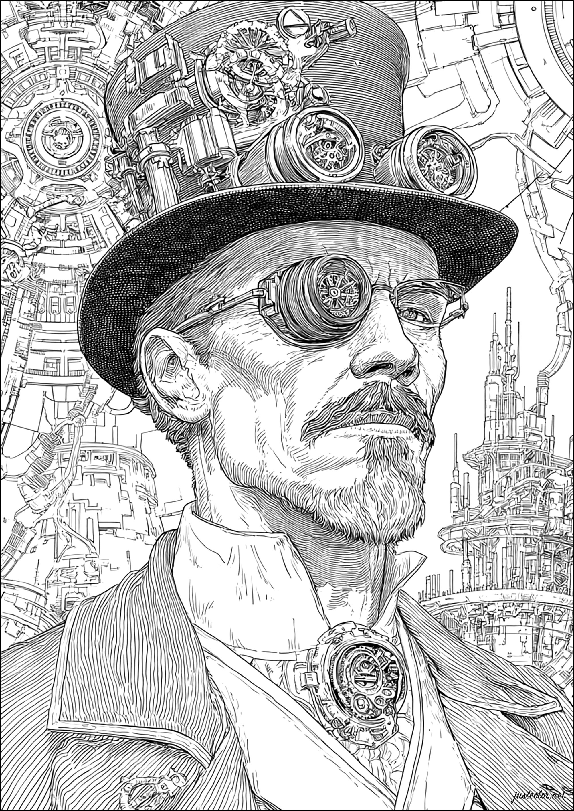 L'homme au monocle (Coloriage de Steampunk à imprimer pour adultes)