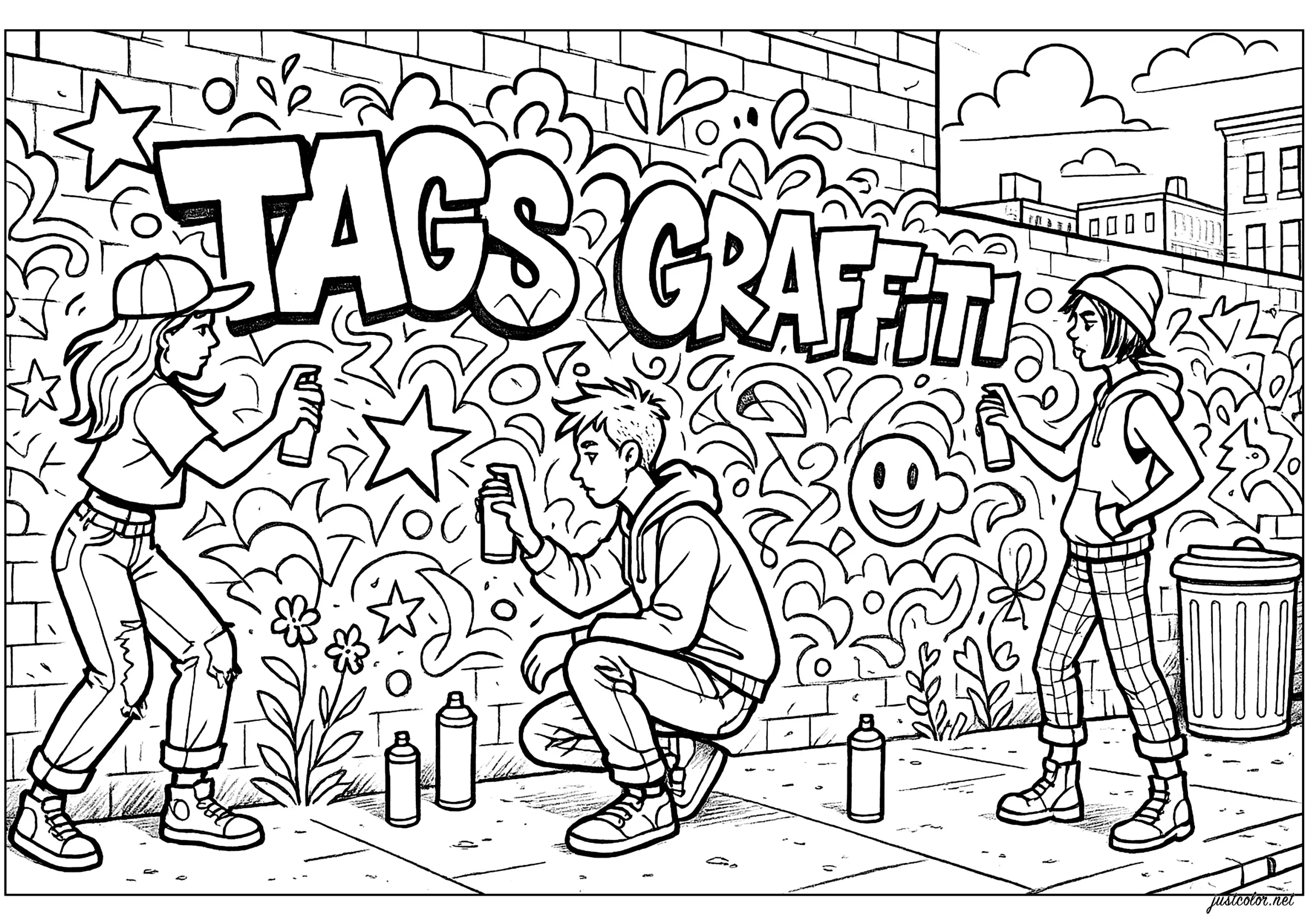 Fresque Urbaine en Création (Coloriage de Tags et Graffitis à imprimer pour adultes)