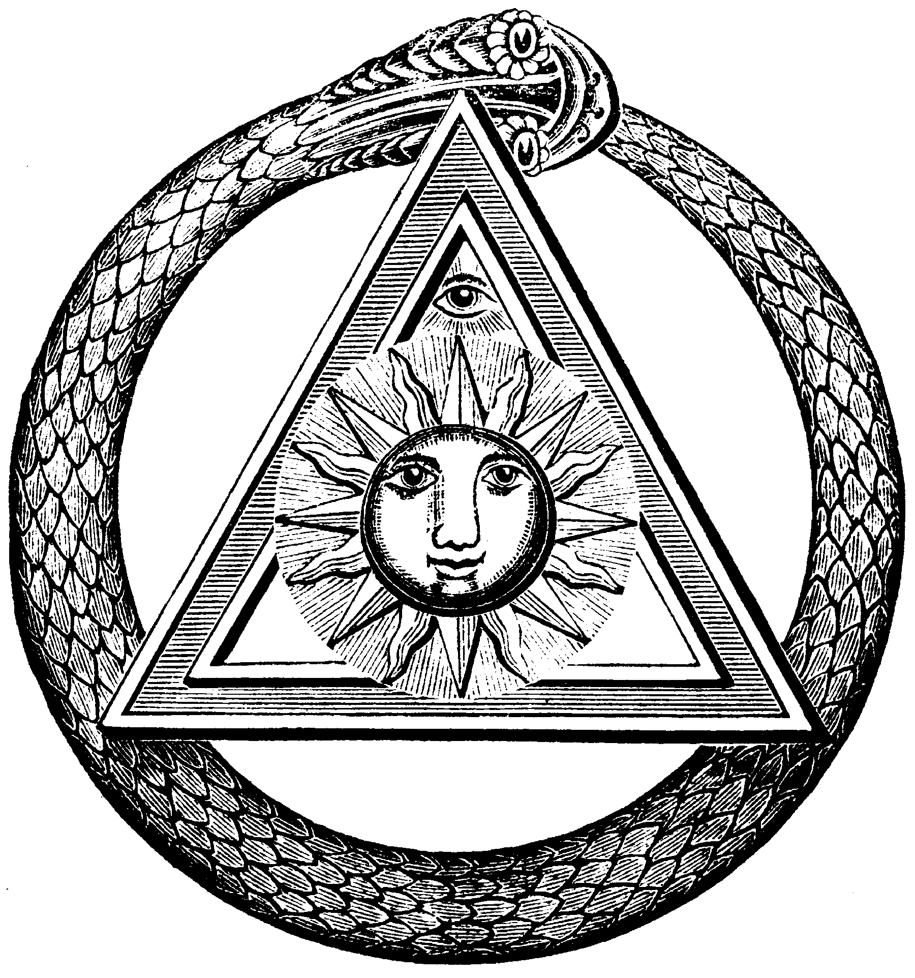 Un authentique tatouage franc-maçon, avec les symboles propres à ce mouvement : soleil, serpent, triangle, oeil ... Intriguant mais à colorier