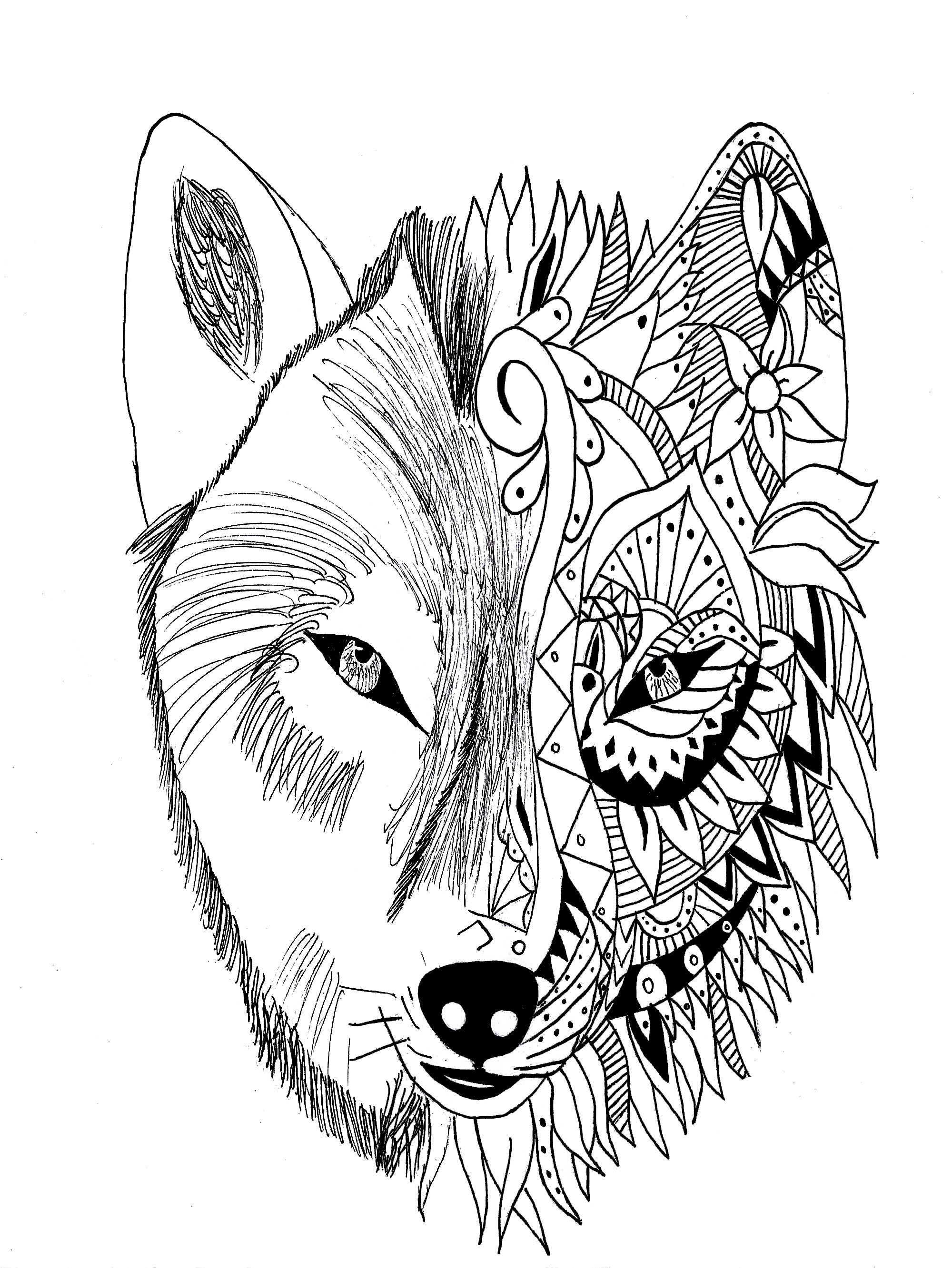 Tatouage de Loup en deux partis, réaliste et style zentangle, Artiste : Krissy