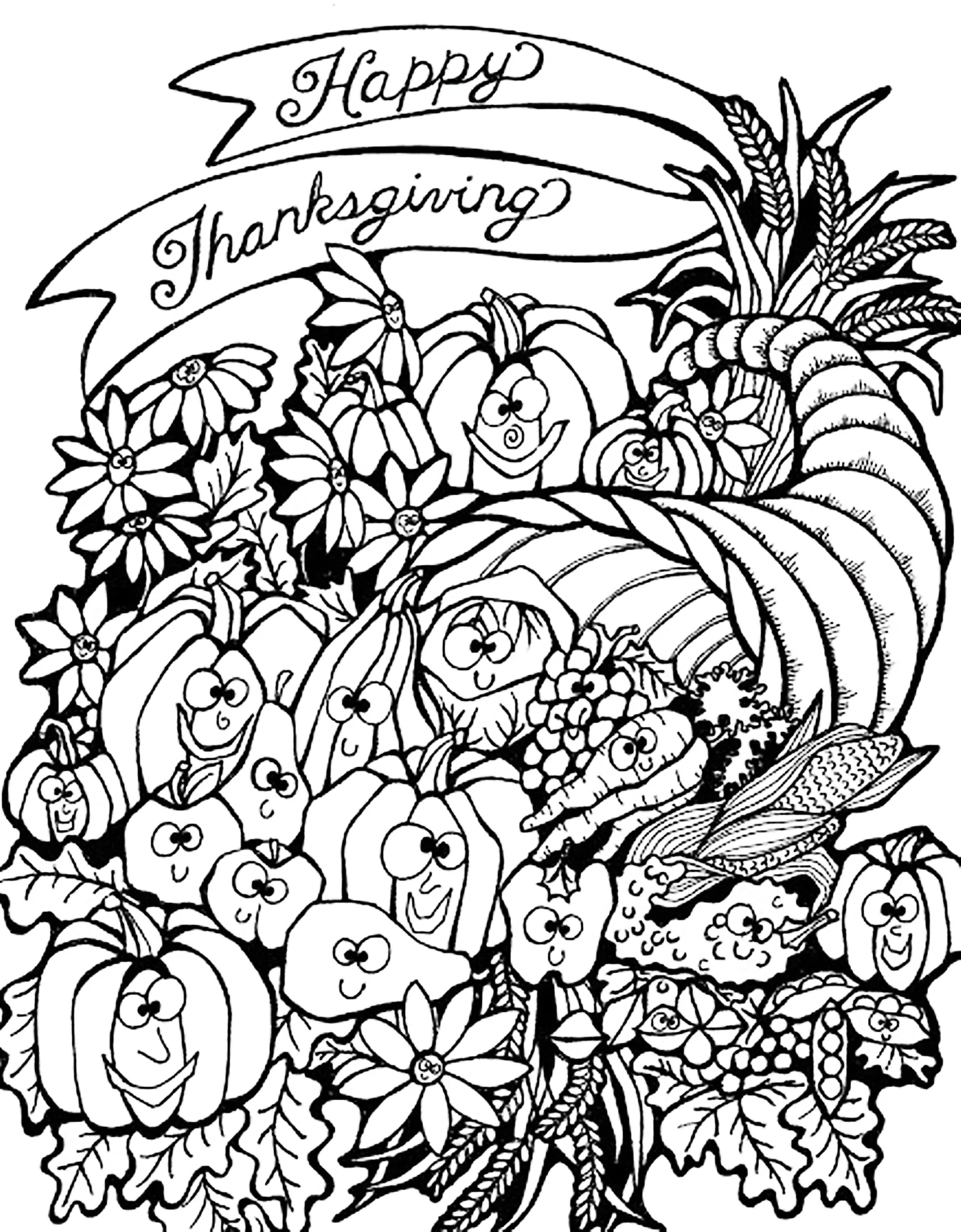 Thanksgiving corne d abondance (Coloriage à imprimer pour adultes)