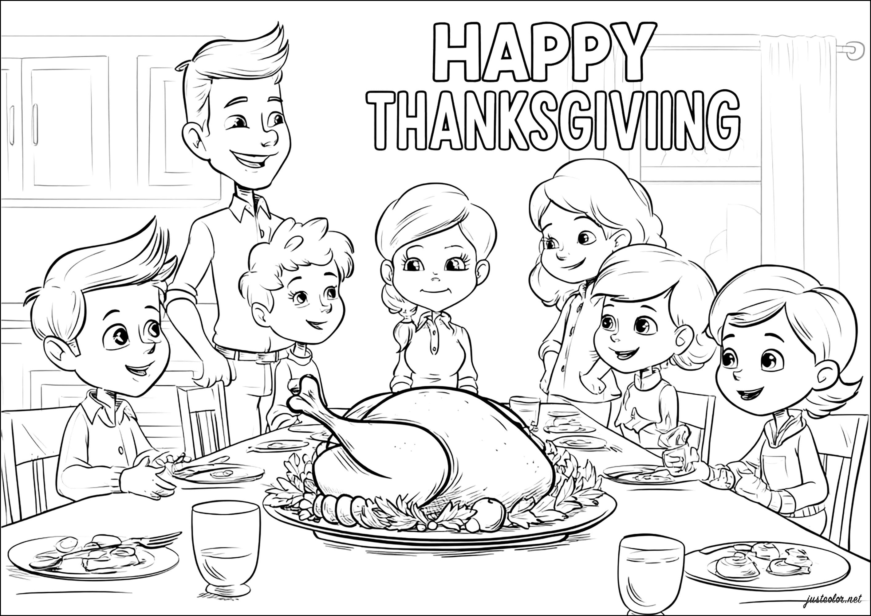 Réunion familiale autour d'un festin (Coloriage de Thanksgiving à imprimer pour adultes)