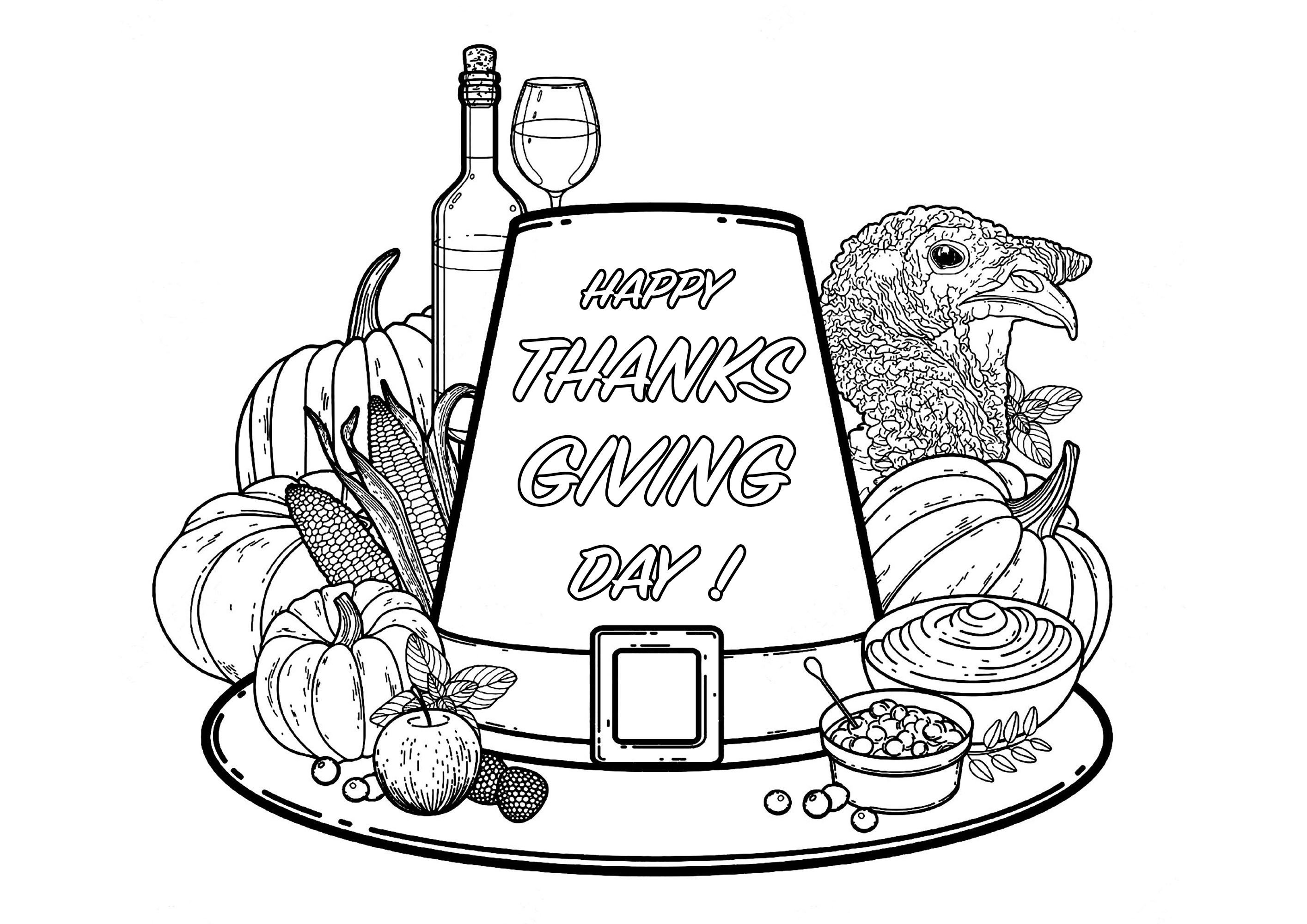Coloriage simple avec un bon plat parfait pour fêter Thanksgiving : Maïs, Citrouille, et bien sûr Dinde !, Source : 123rf   Artiste : Ekaterina Glazkova