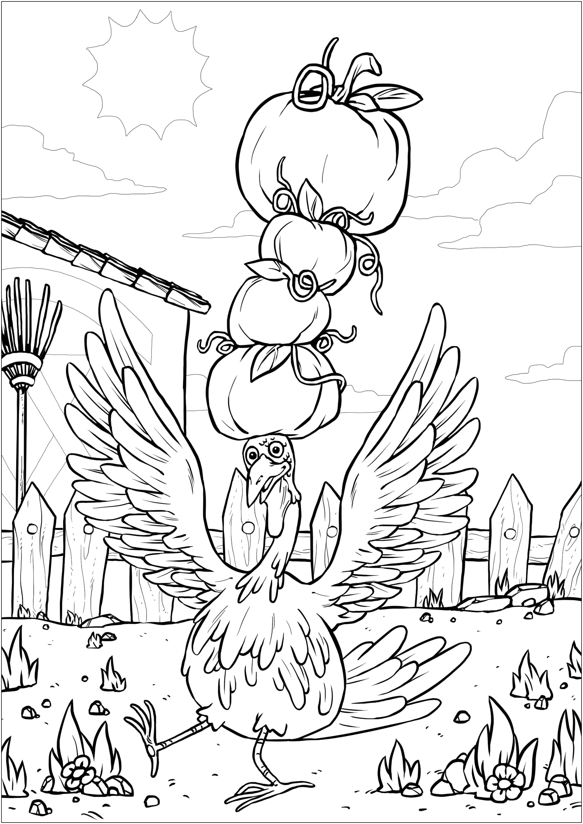 Dinde de la Thanksgiving avec citrouilles - version complexe (Coloriage à imprimer pour adultes)