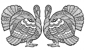 Coloriage thanksgiving zentangle dinde en double par Elena Medvedeva