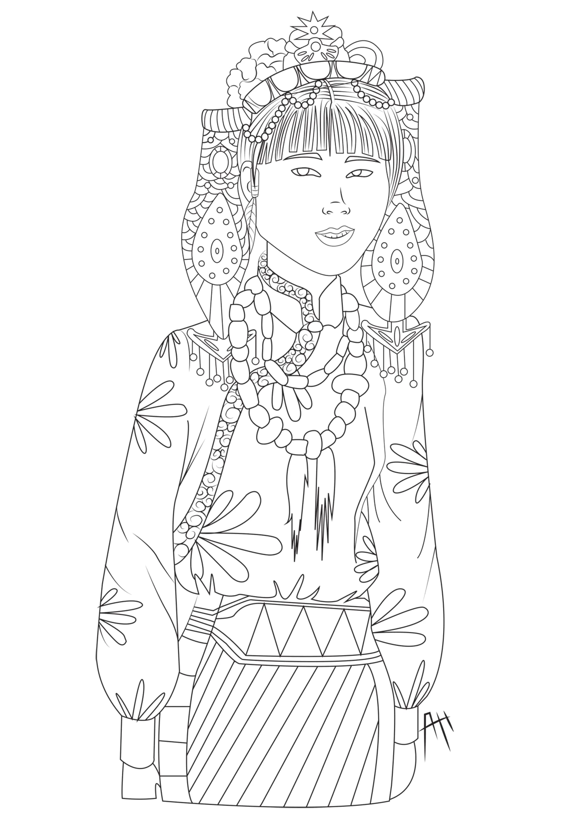 Jeune femme tibetaine (Coloriage de Tibet à imprimer pour adultes)