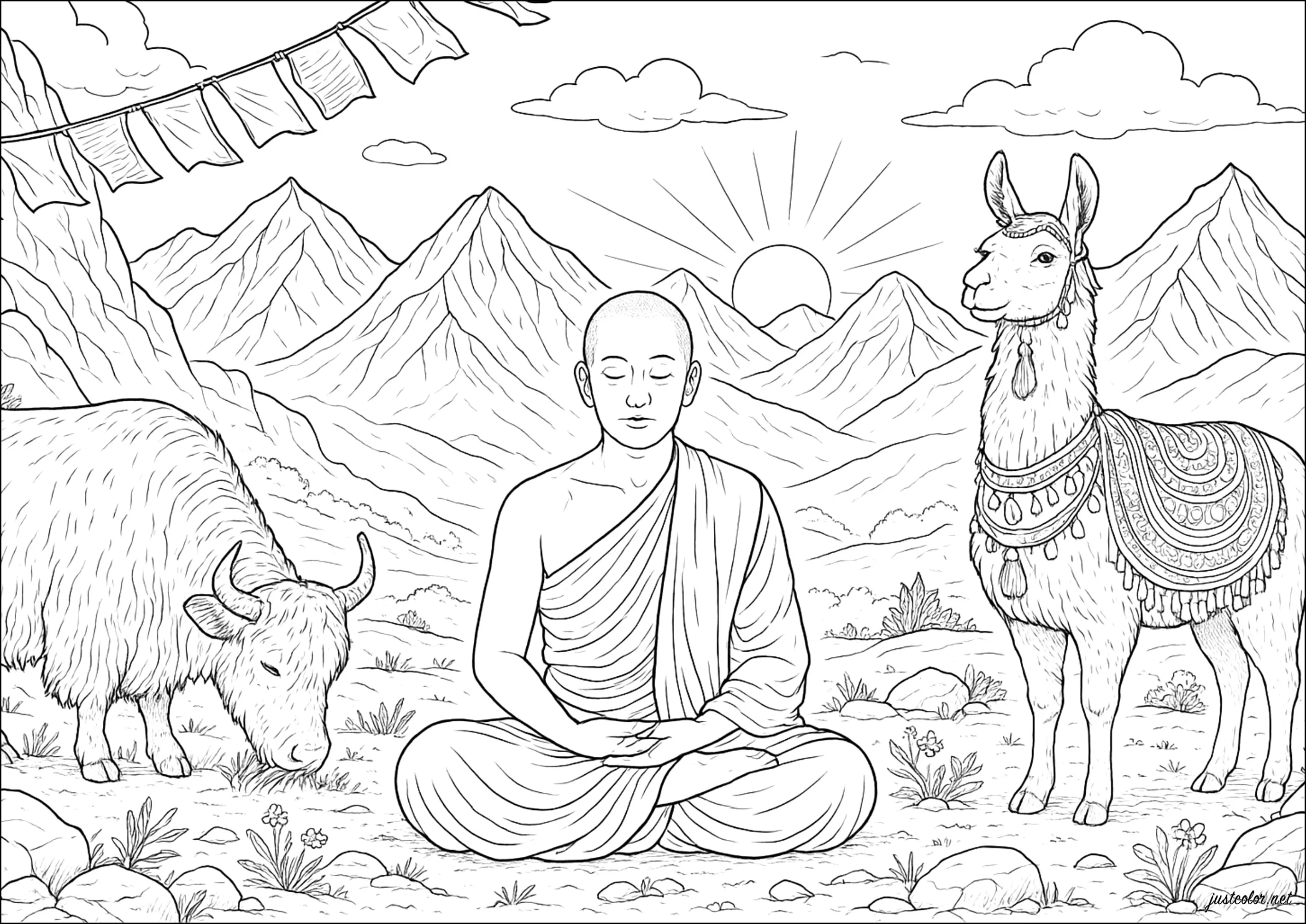 Sérénité au cœur des montagnes (Coloriage de Tibet à imprimer pour adultes)