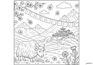 Monastère tibétain perché (Coloriage de Tibet)