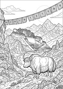 Palais himalayen et drapeaux de prière