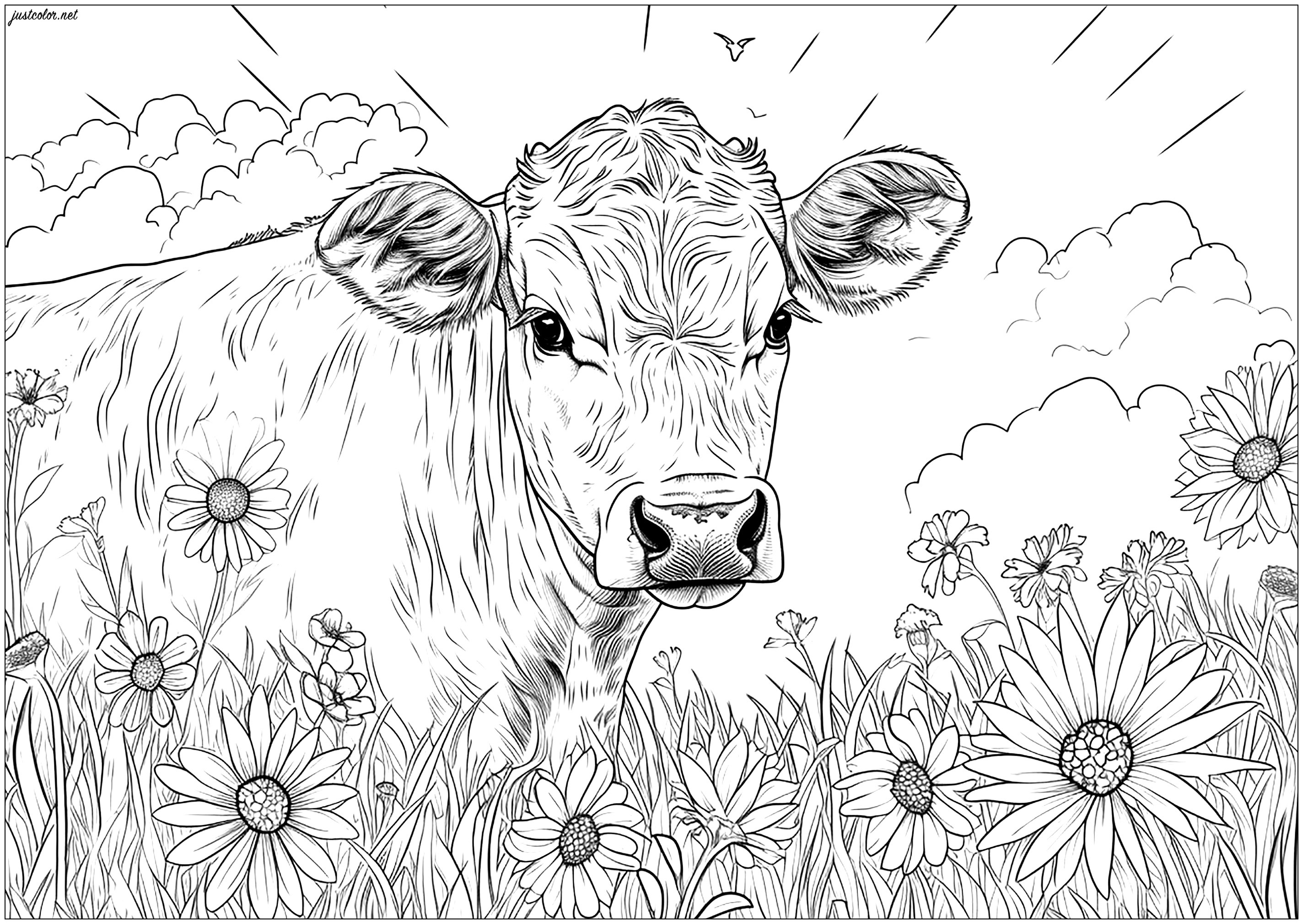 Jolie vache dans les prés remplis de fleurs - Coloriages de Vaches à