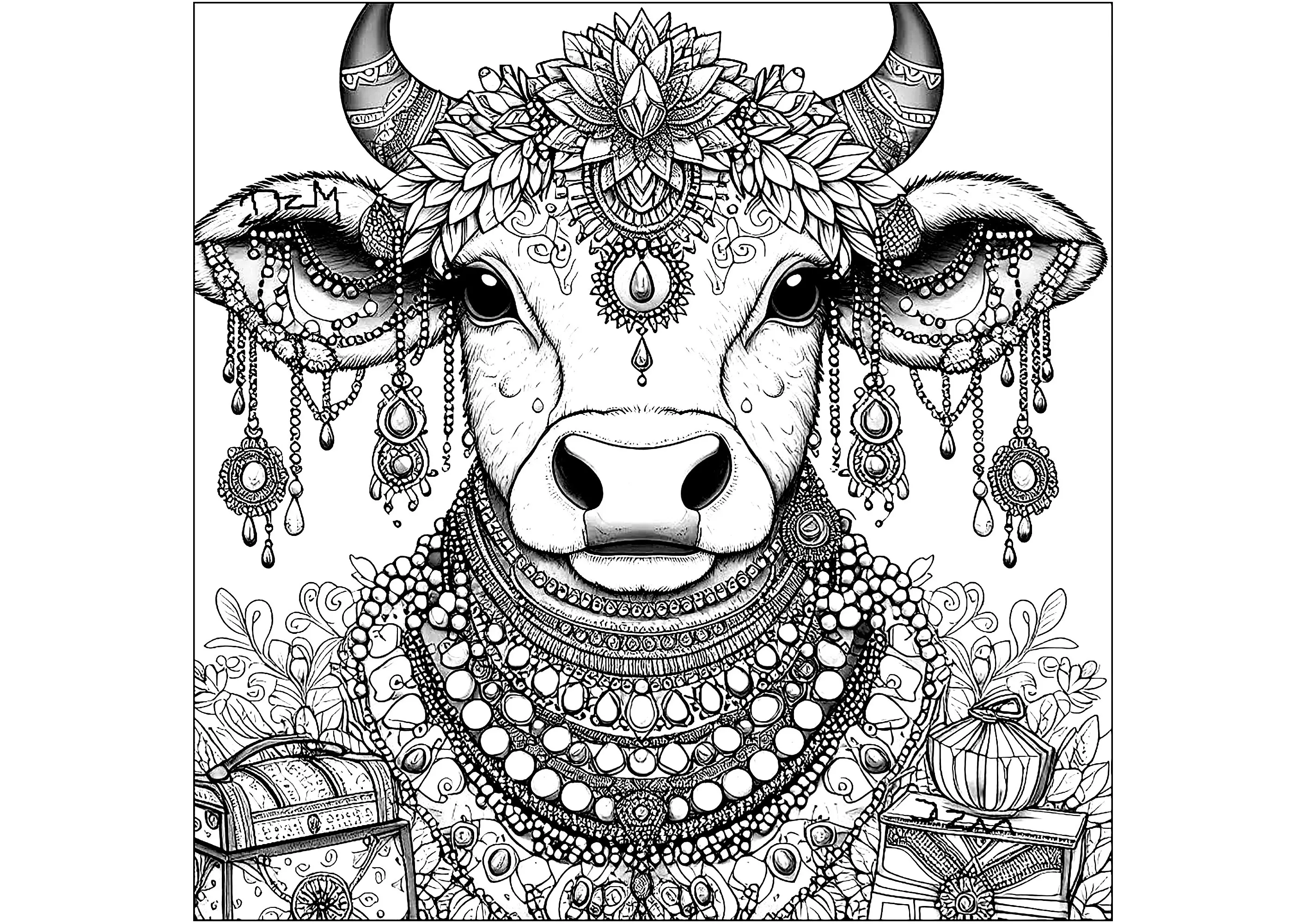 Vache avec de jolis bijoux (Coloriage à imprimer pour adultes)