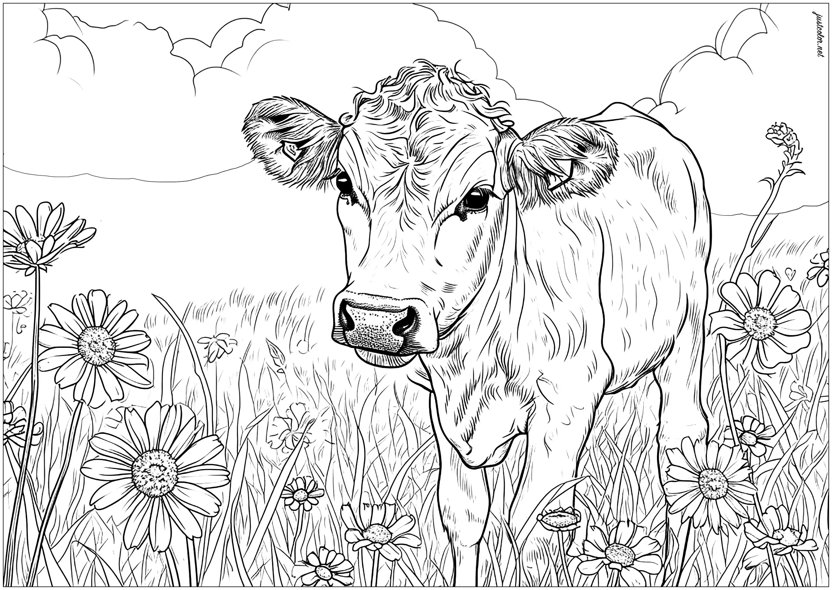 Vache dans un champs - 4 (Coloriage à imprimer pour adultes)