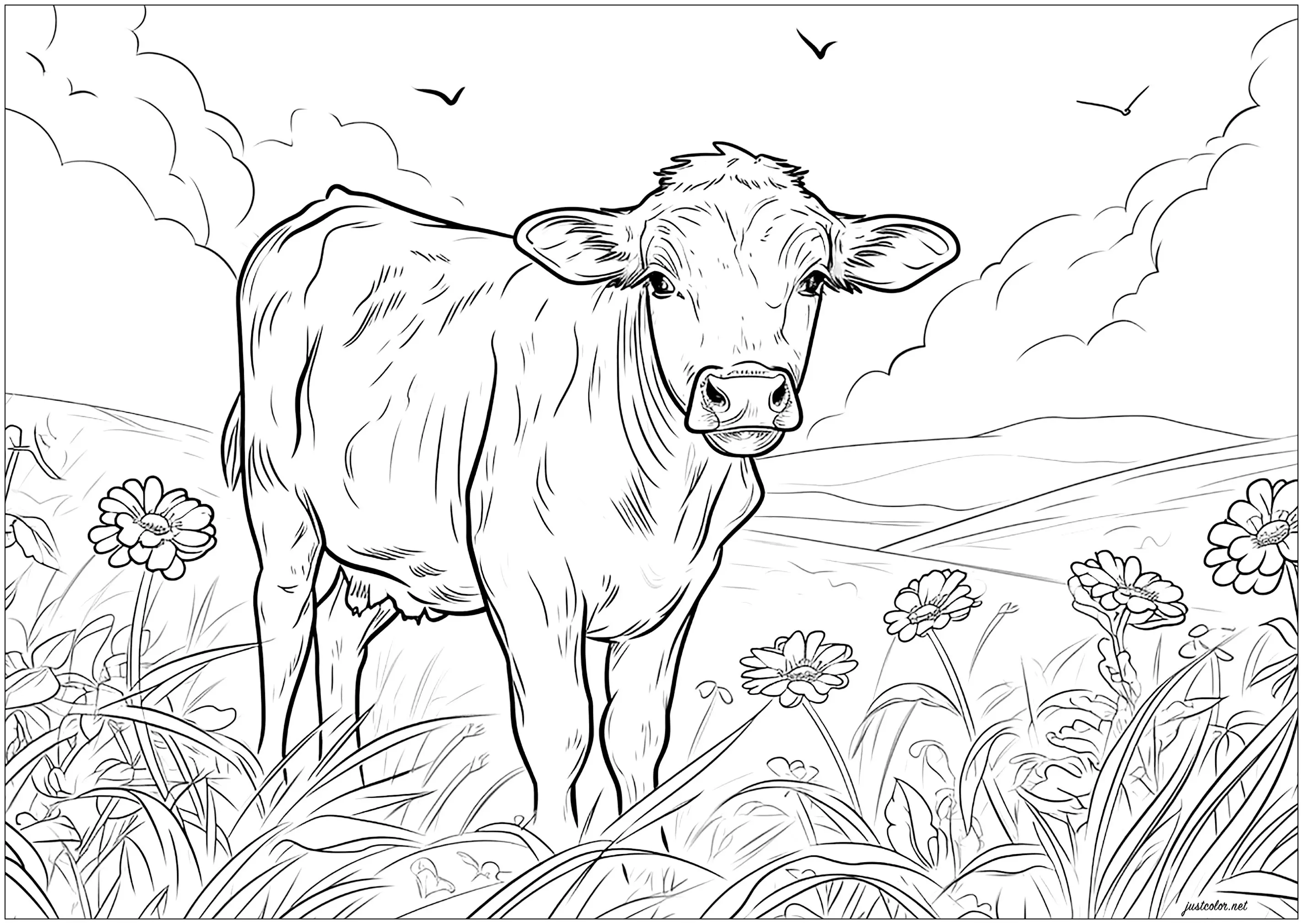 Vache dans un champs - 2 (Coloriage à imprimer pour adultes)
