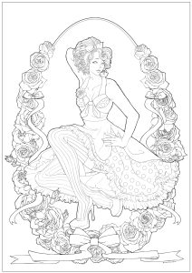 Coloriage Vintage à imprimer pour adultes : Pin up