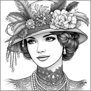Visage d'une femme au beau chapeau fleuri, style années 20 (Coloriage de Domandalas)