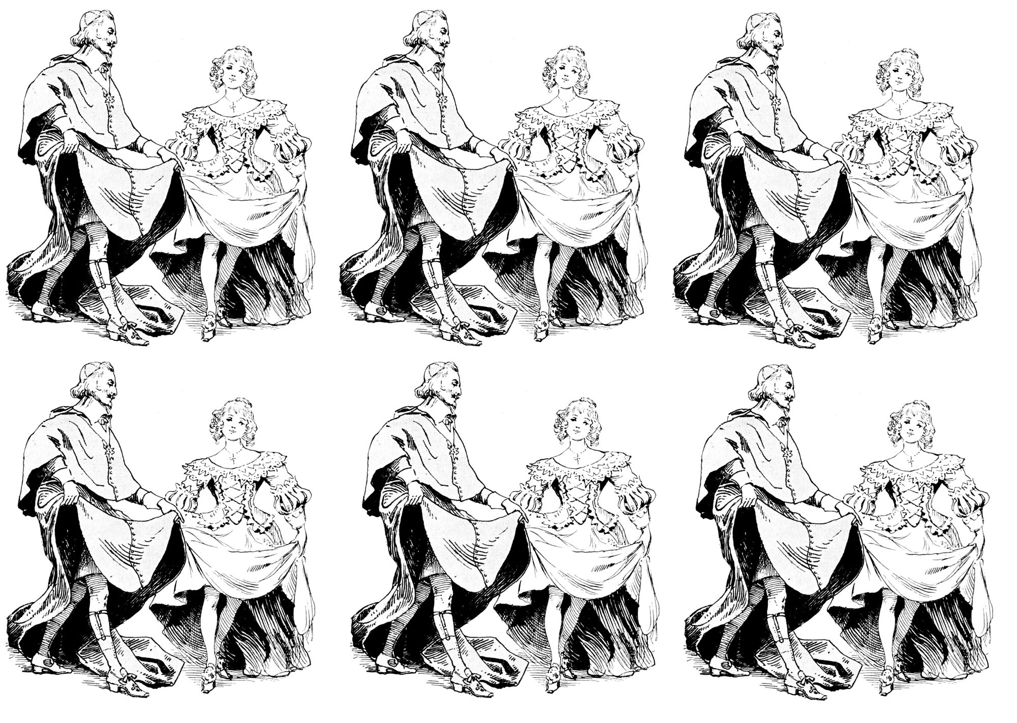 Mosaïque à colorier pour adulte d'une ancienne illustration montrant le Cardinal Richelieu en charmante compagnie